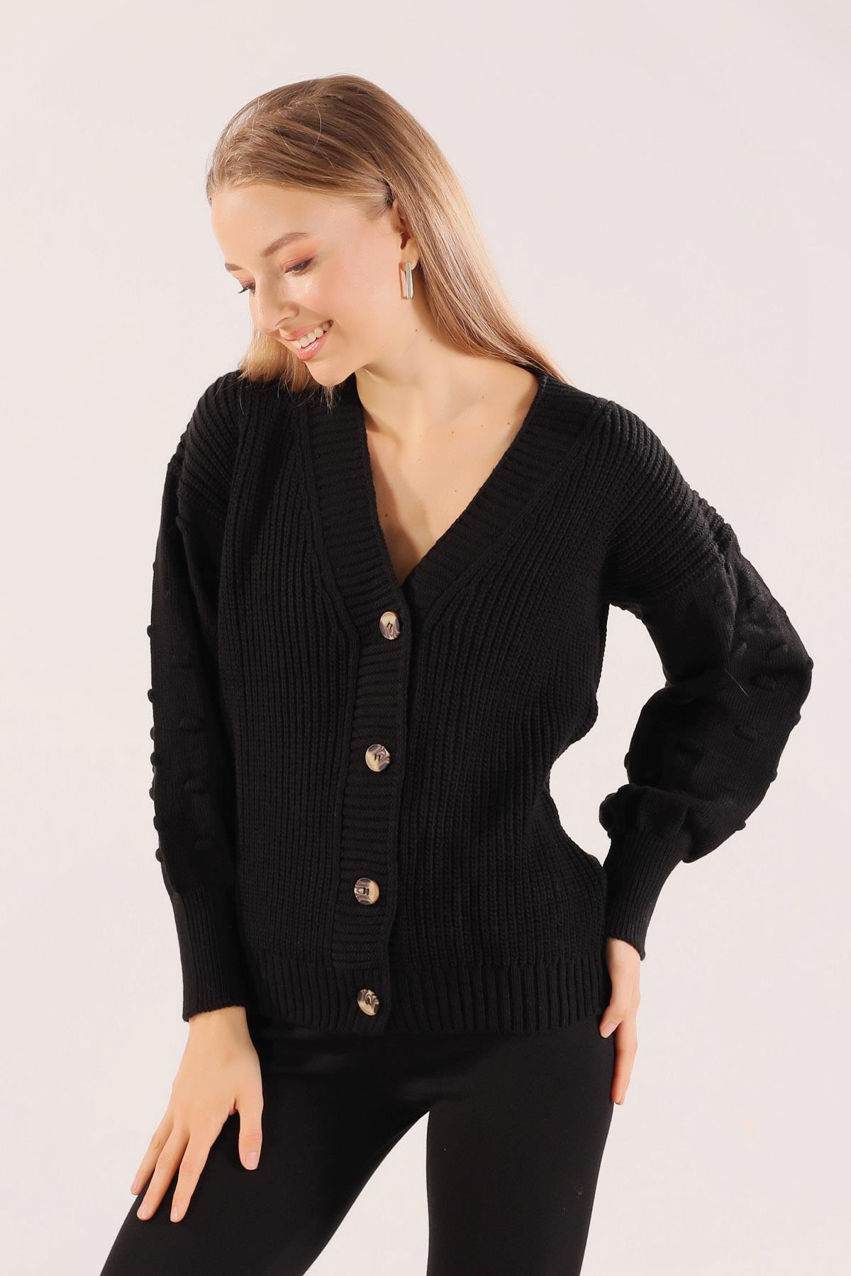 4018 Örgü Detay Kısa Hırka Siyah - 3