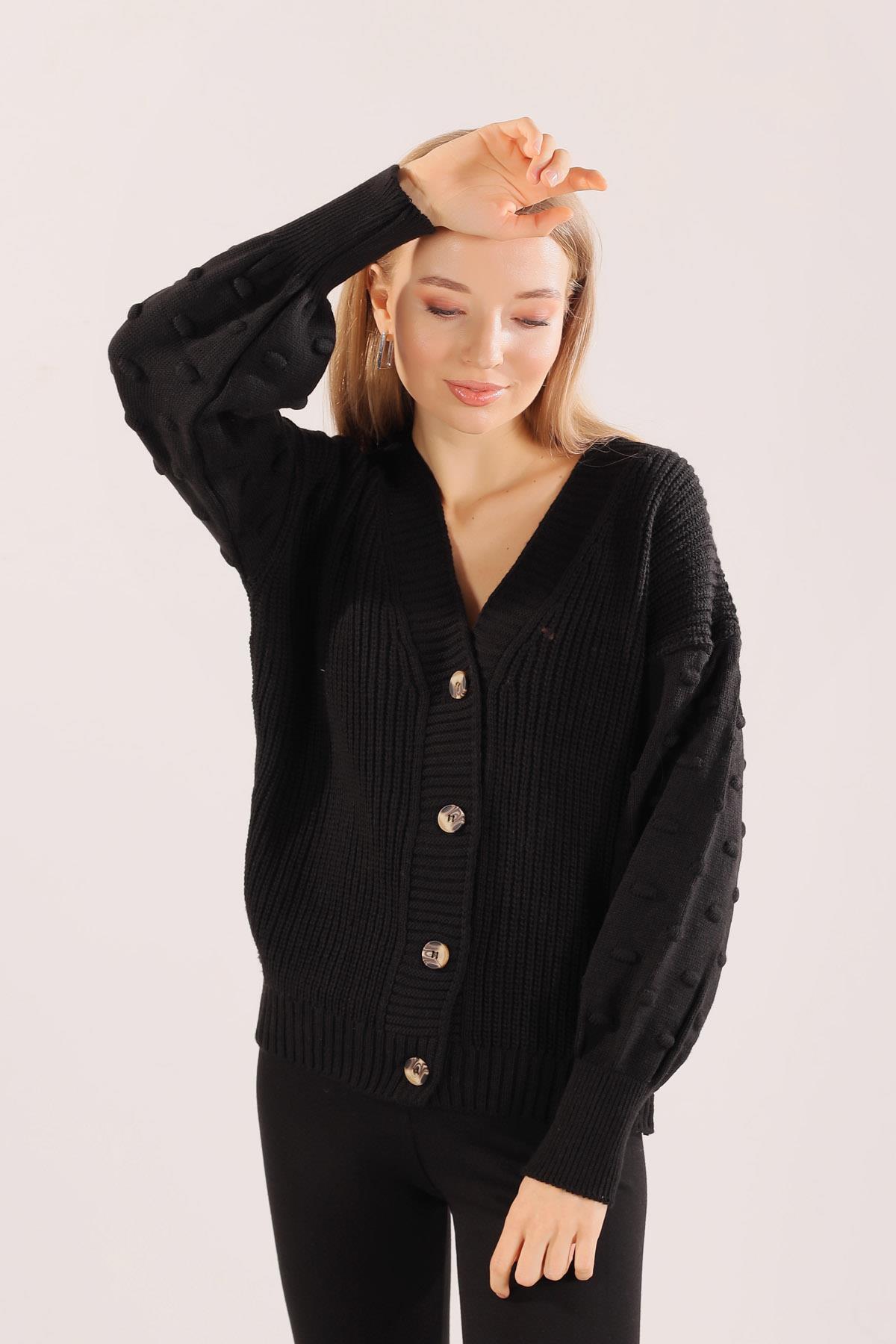 4018 Örgü Detay Kısa Hırka Siyah - 2