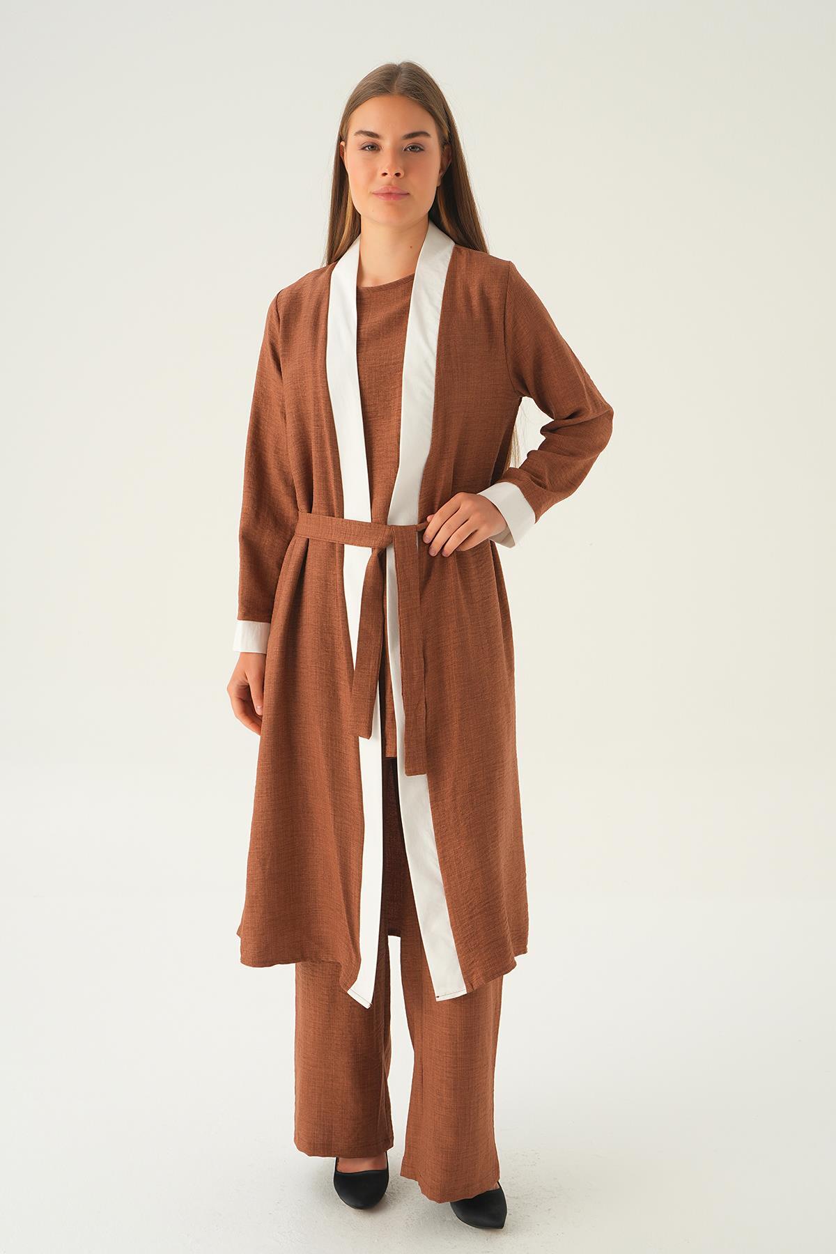 4018A 3'lü Kimono Takım Kahve 