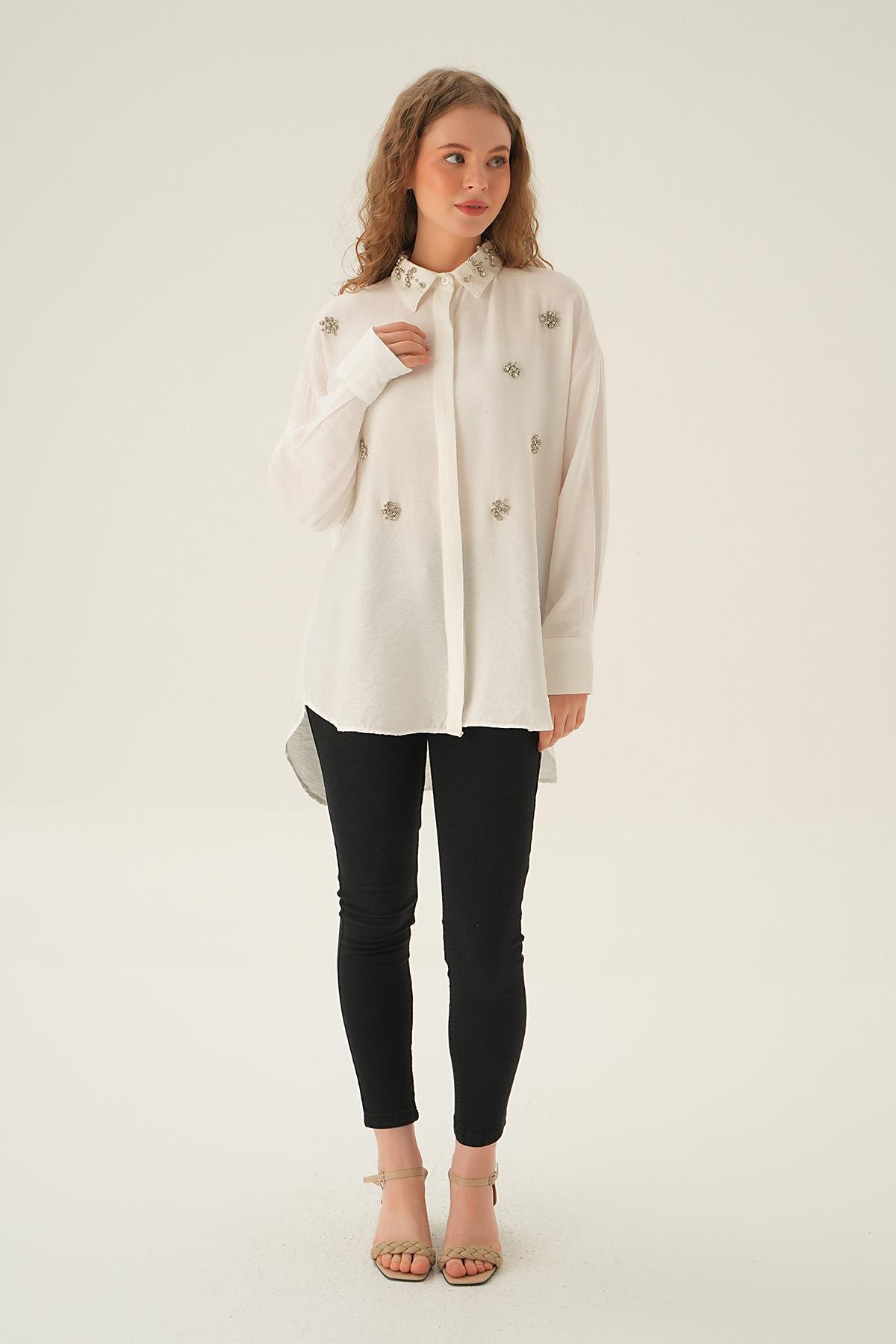 4019 Yaka Taş Detay Gömlek Beyaz - 2