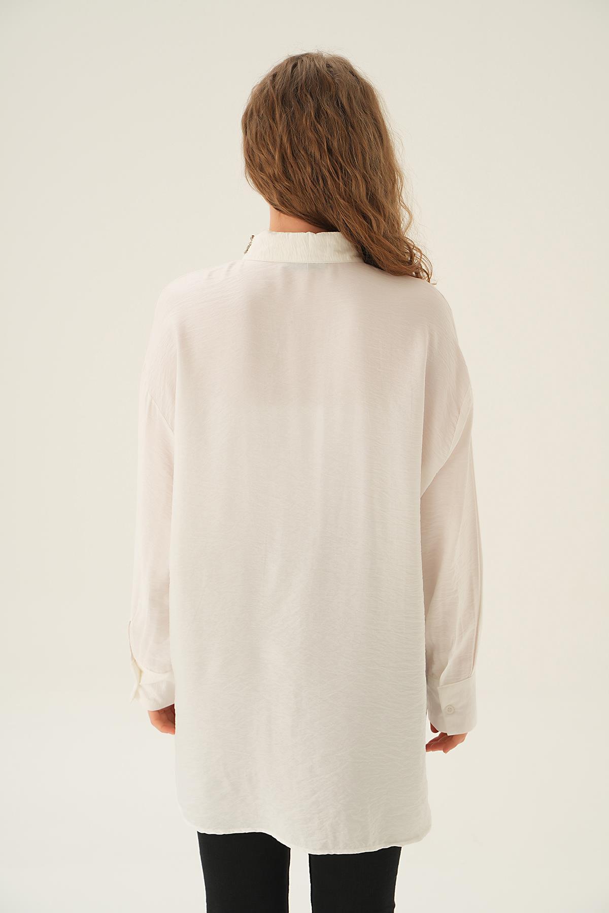 4019 Yaka Taş Detay Gömlek Beyaz - 5