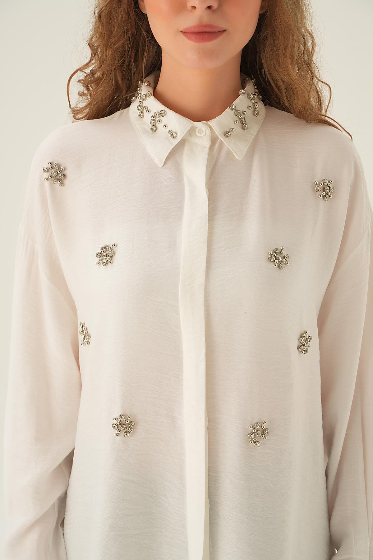 4019 Yaka Taş Detay Gömlek Beyaz - 6