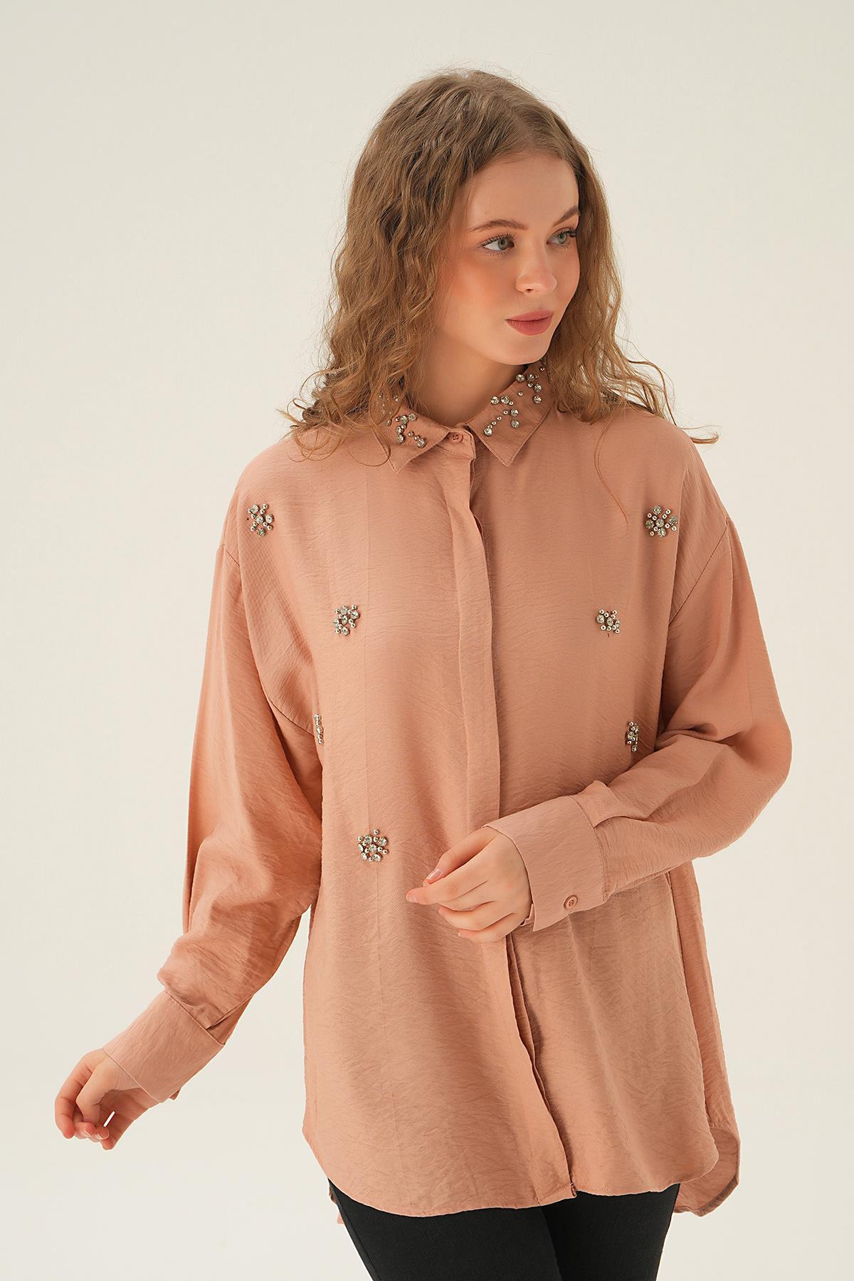 Bisküvi Yaka Taş Detay Gömlek 4019 - 1