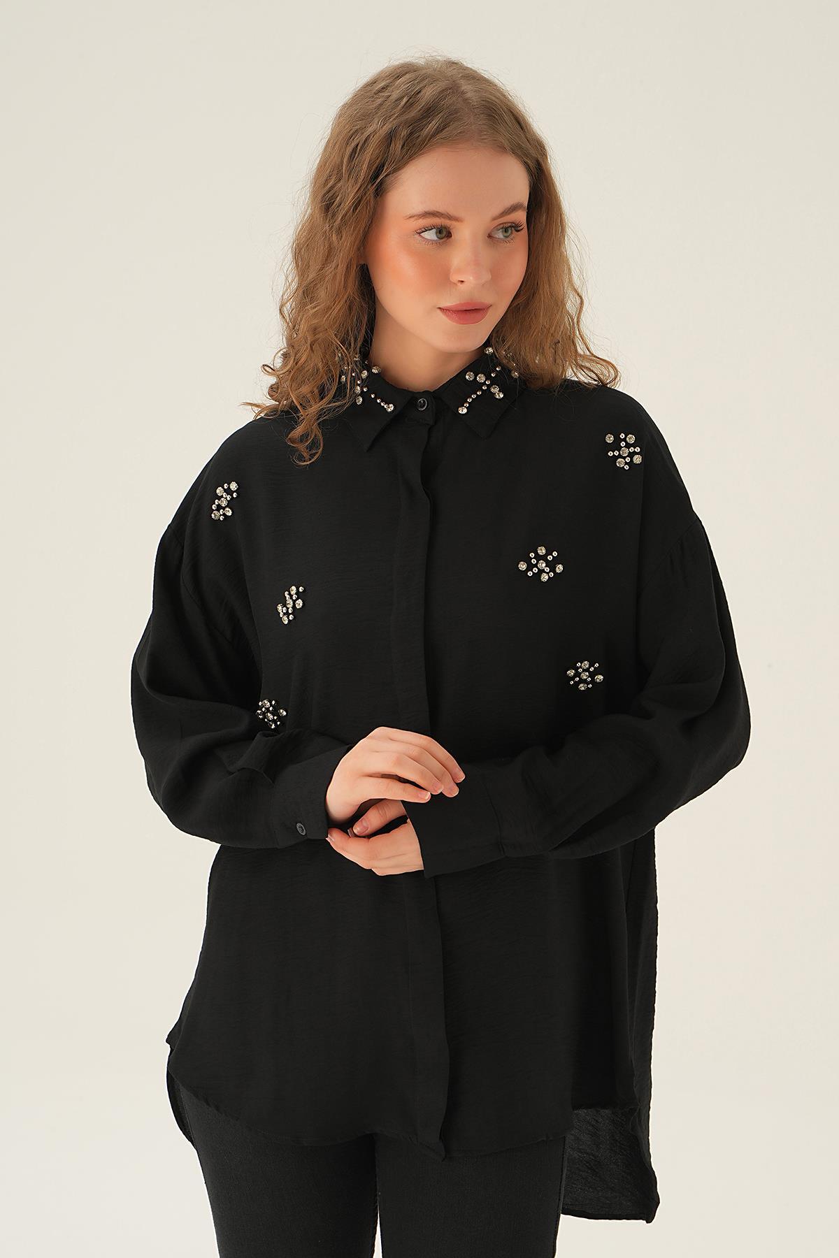 4019 Yaka Taş Detay Gömlek Siyah 
