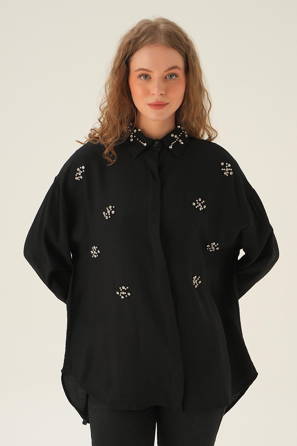 4019 Yaka Taş Detay Gömlek Siyah - 3