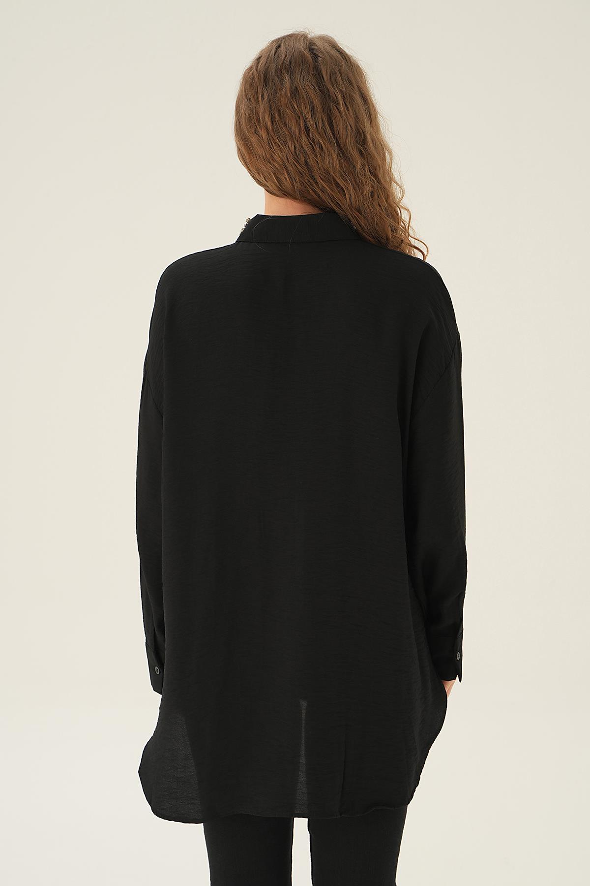 4019 Yaka Taş Detay Gömlek Siyah - 4