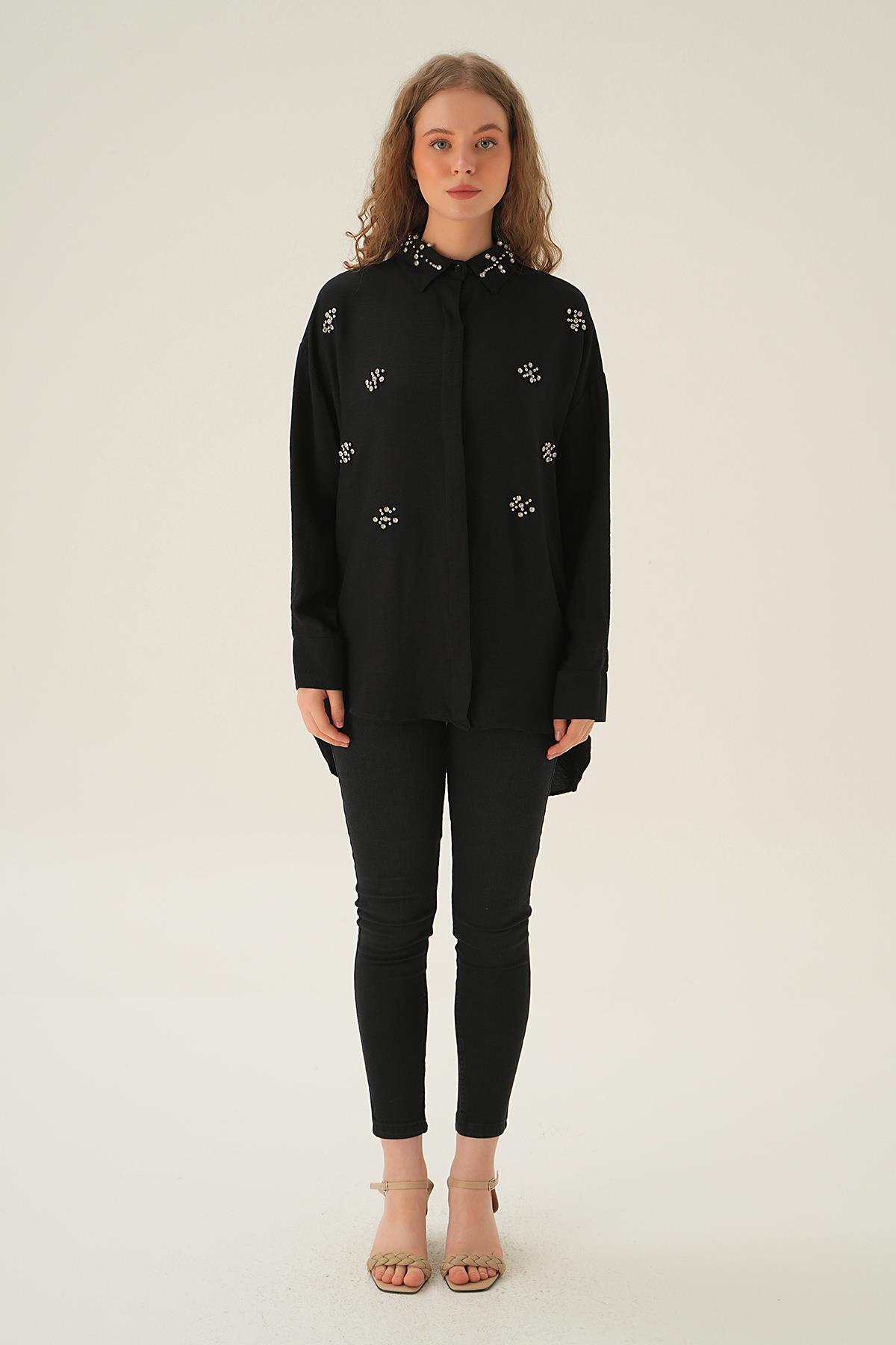 Siyah Yaka Taş Detay Gömlek 4019 - 6