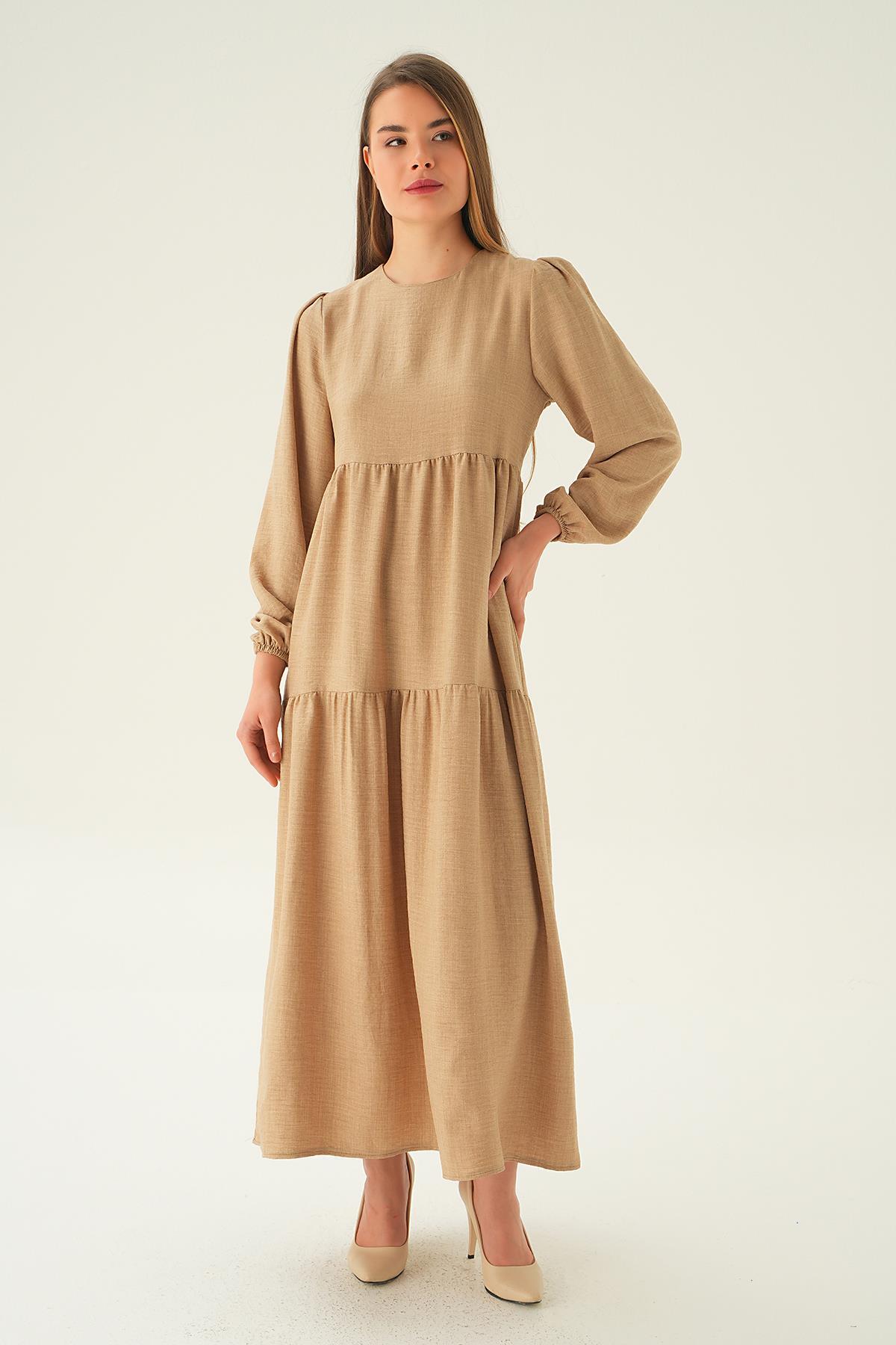 4019A Balon Kol Kat Kat Elbise Bej - 3