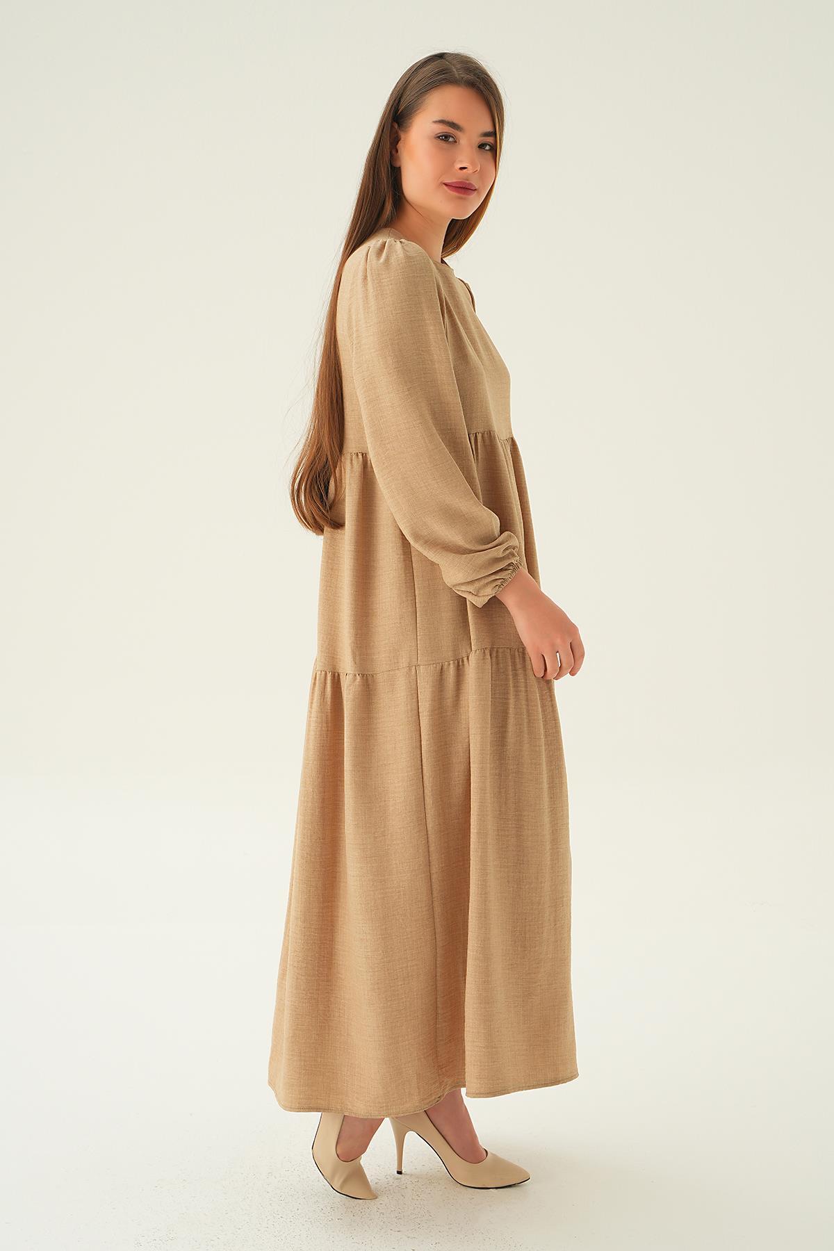 4019A Balon Kol Kat Kat Elbise Bej - 4