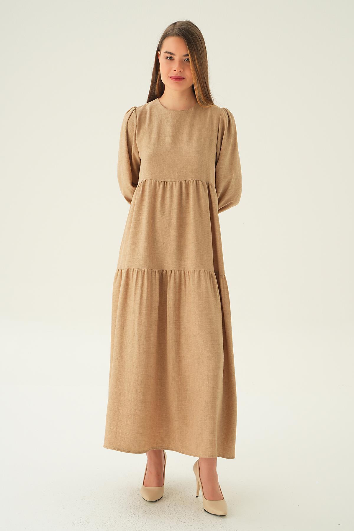 4019A Balon Kol Kat Kat Elbise Bej - 6