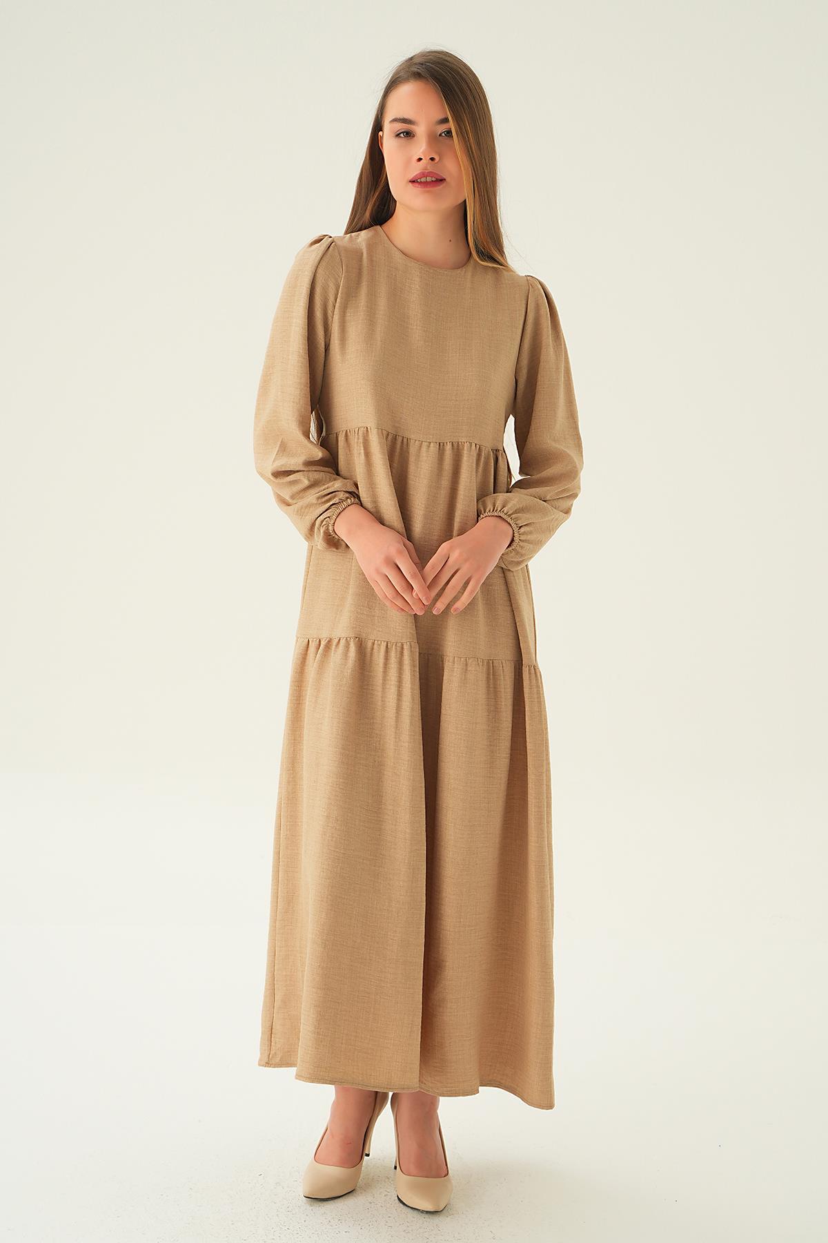 Bej Balon Kol Kat Kat Elbise 4019A 