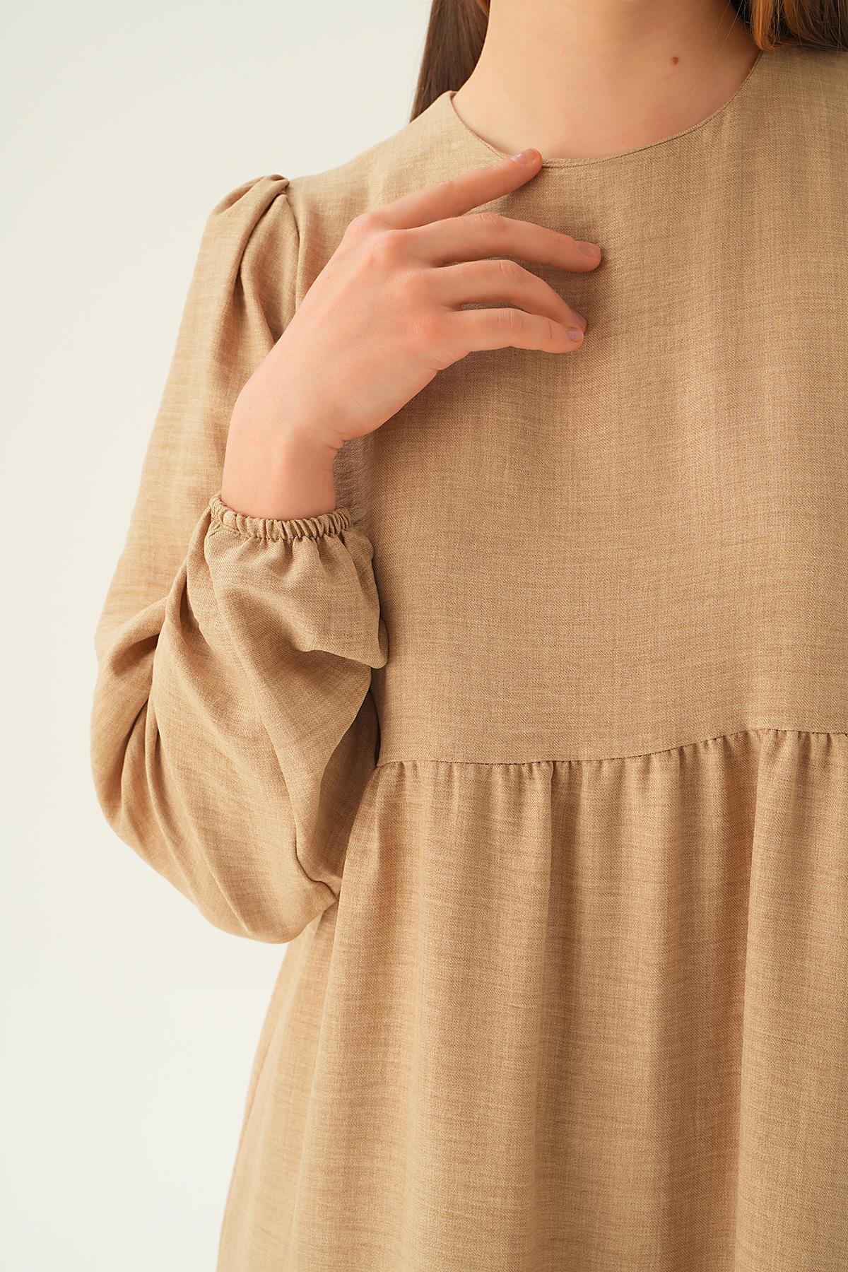 Bej Balon Kol Kat Kat Elbise 4019A - 2