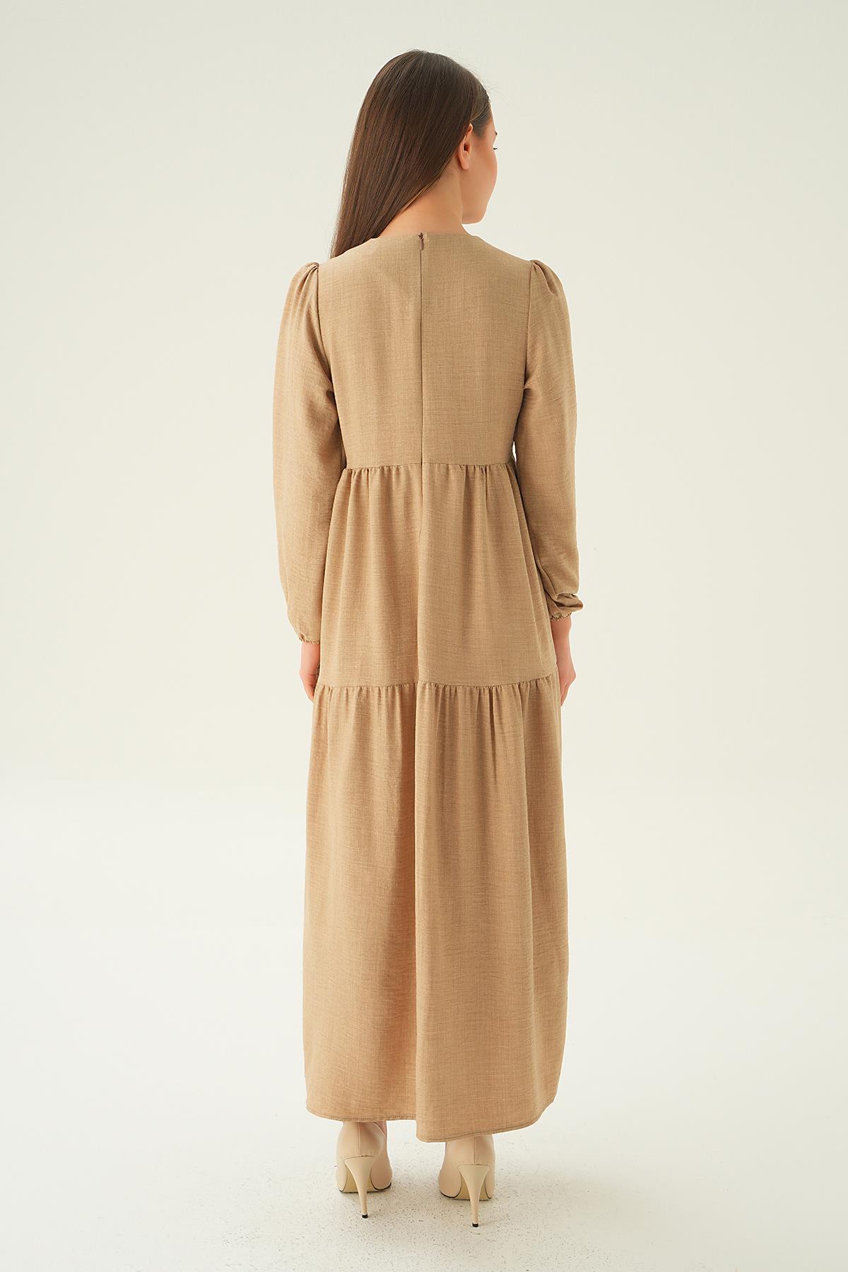 Bej Balon Kol Kat Kat Elbise 4019A - 5