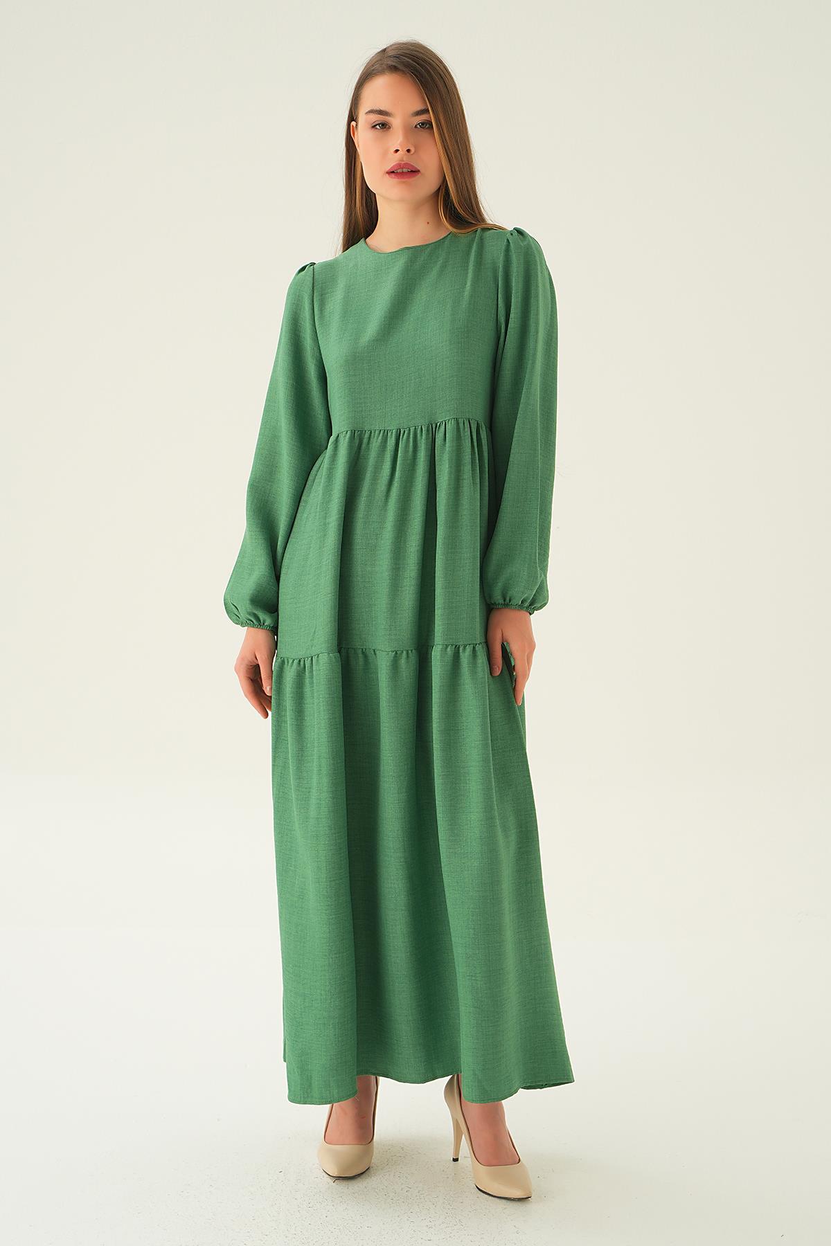 4019A Balon Kol Kat Kat Elbise Benetton Yeşili 