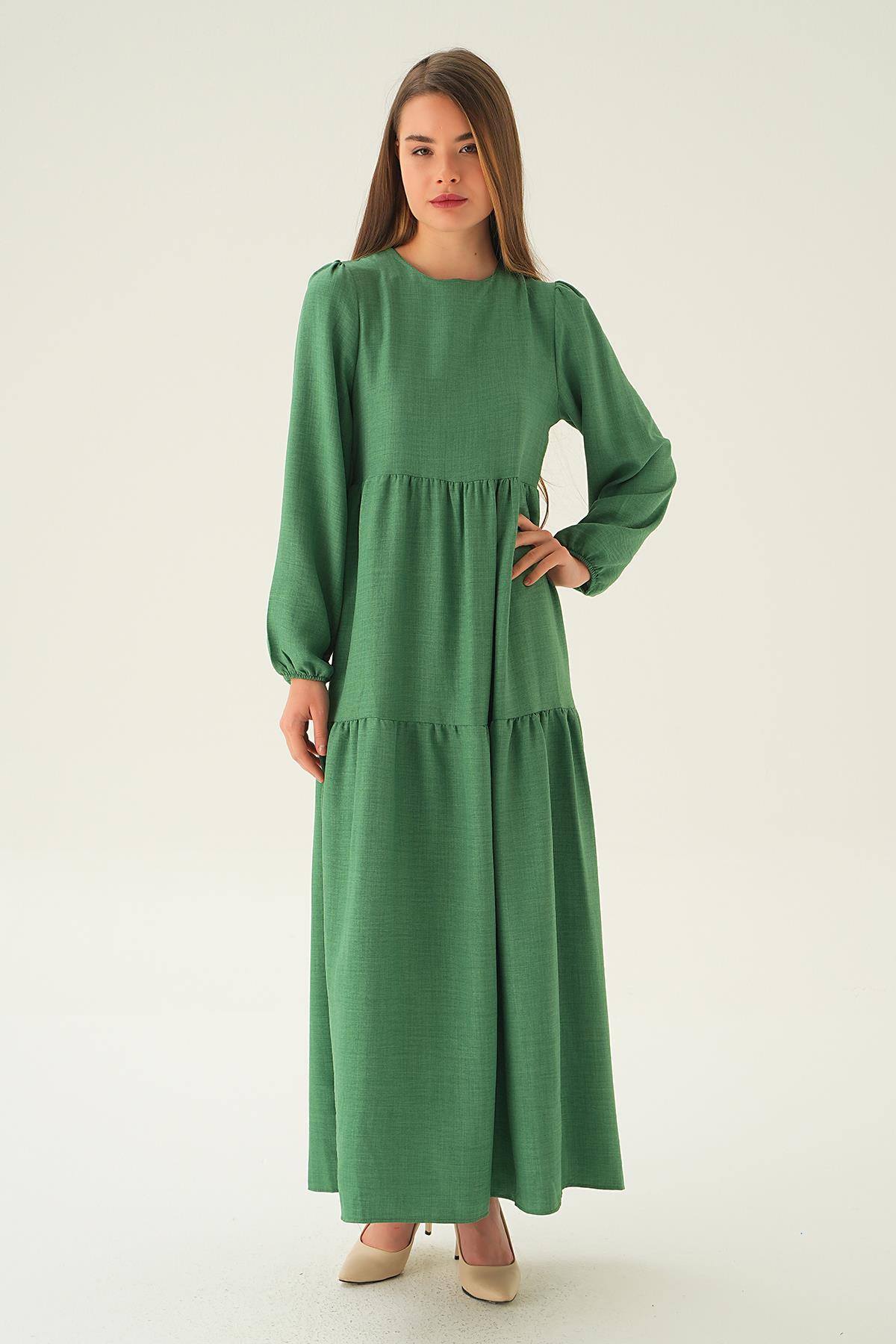 Benetton Yeşili Balon Kol Kat Kat Elbise 4019A - 2