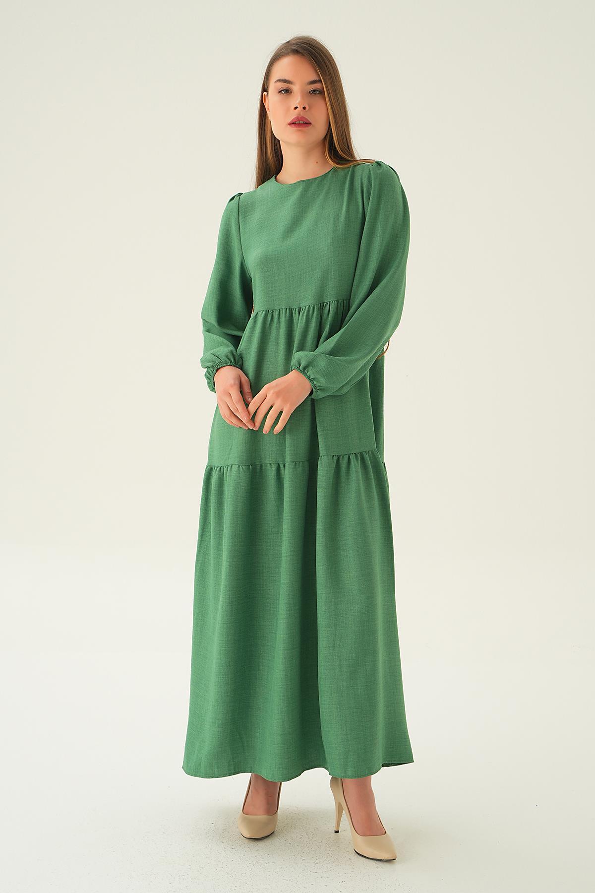 Benetton Yeşili Balon Kol Kat Kat Elbise 4019A - 3