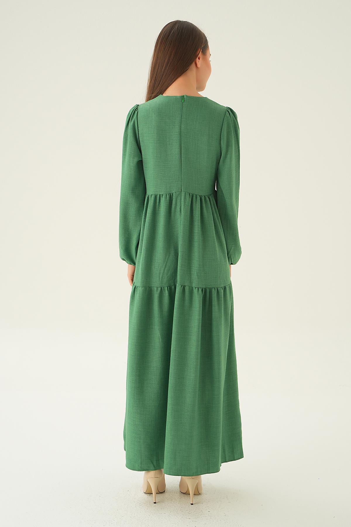 Benetton Yeşili Balon Kol Kat Kat Elbise 4019A - 5