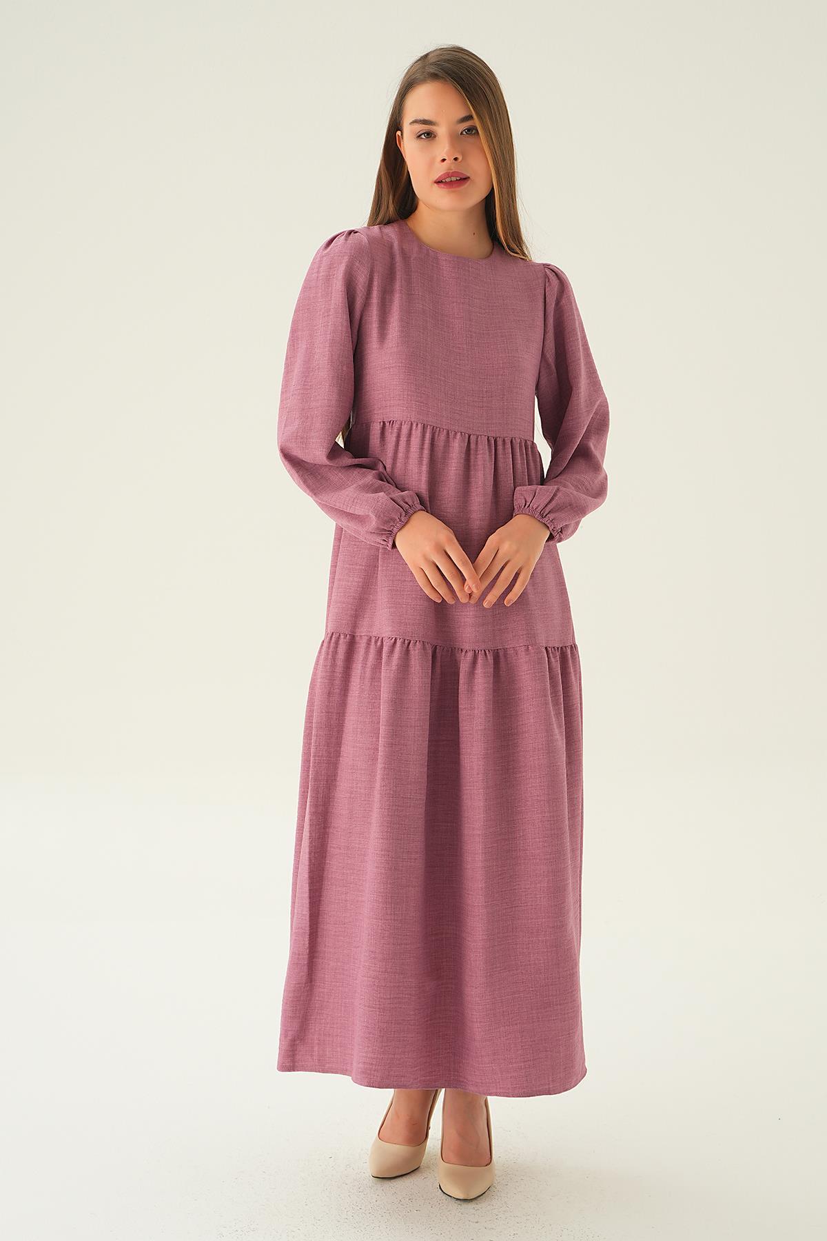 Gül Balon Kol Kat Kat Elbise 4019A - 1