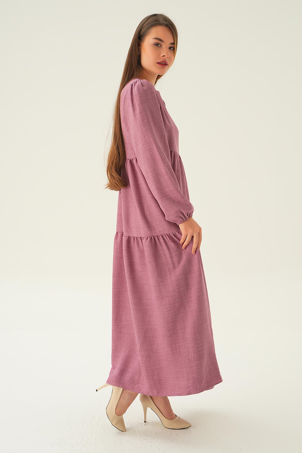 Gül Balon Kol Kat Kat Elbise 4019A - 4