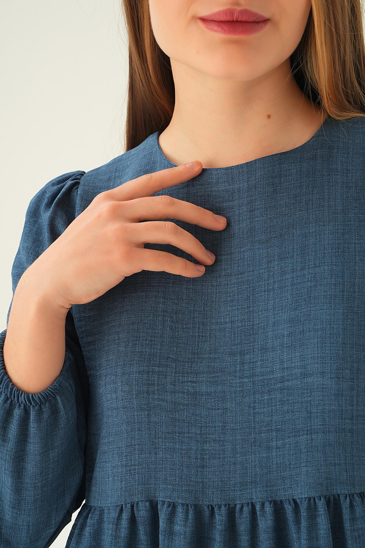 4019A Balon Kol Kat Kat Elbise İndigo - 5