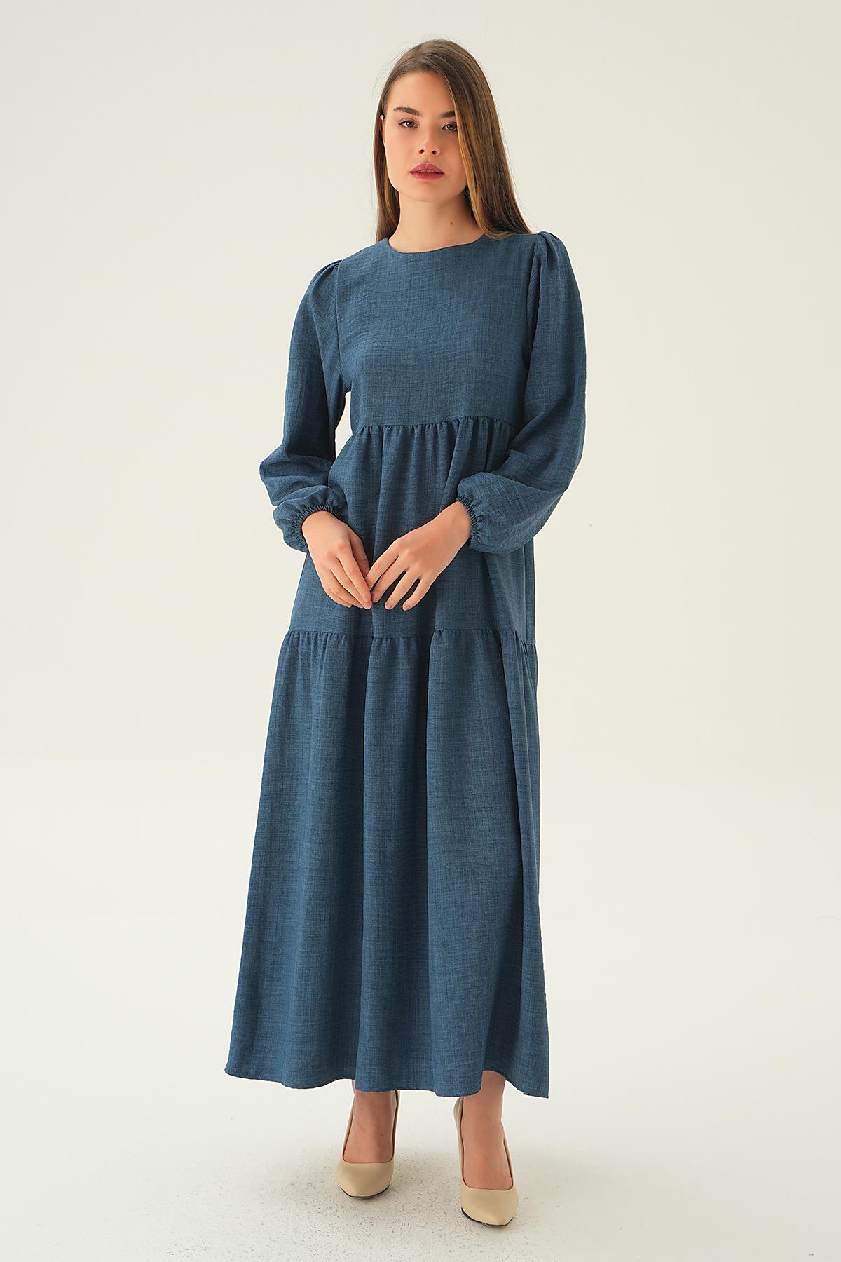 4019A Balon Kol Kat Kat Elbise İndigo - 6