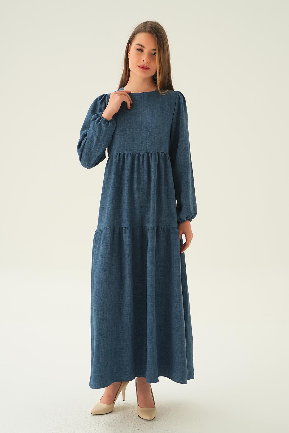 İndigo Balon Kol Kat Kat Elbise 4019A - 1