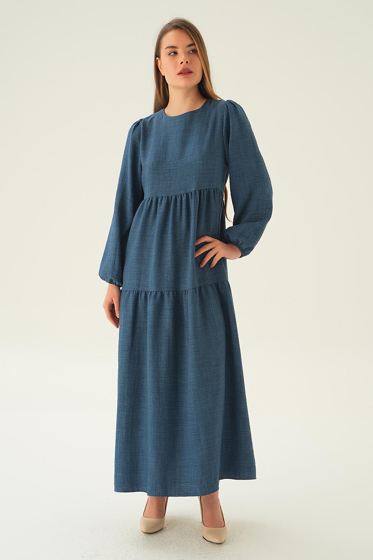 İndigo Balon Kol Kat Kat Elbise 4019A - 2