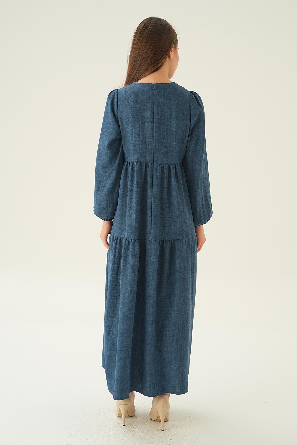 İndigo Balon Kol Kat Kat Elbise 4019A - 4