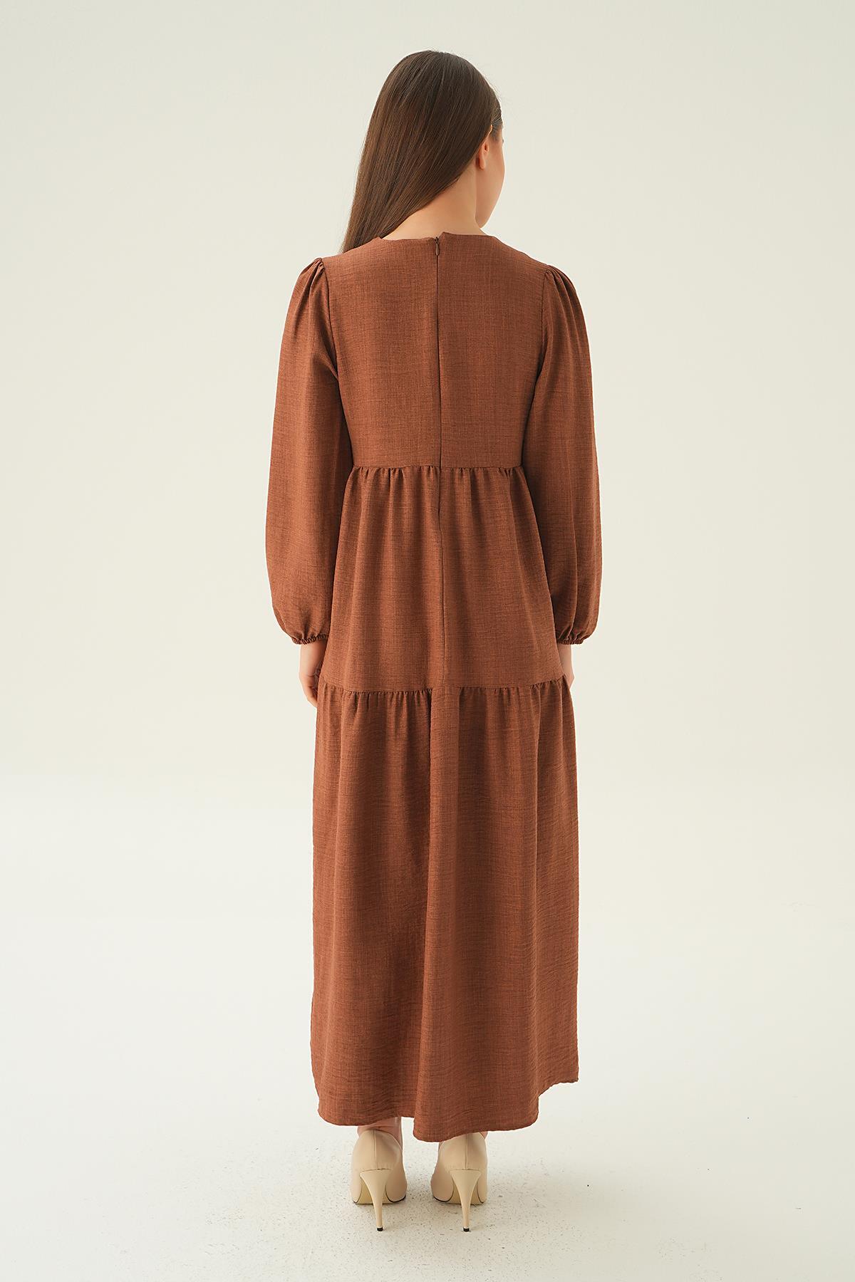 4019A Balon Kol Kat Kat Elbise Kahve - 5