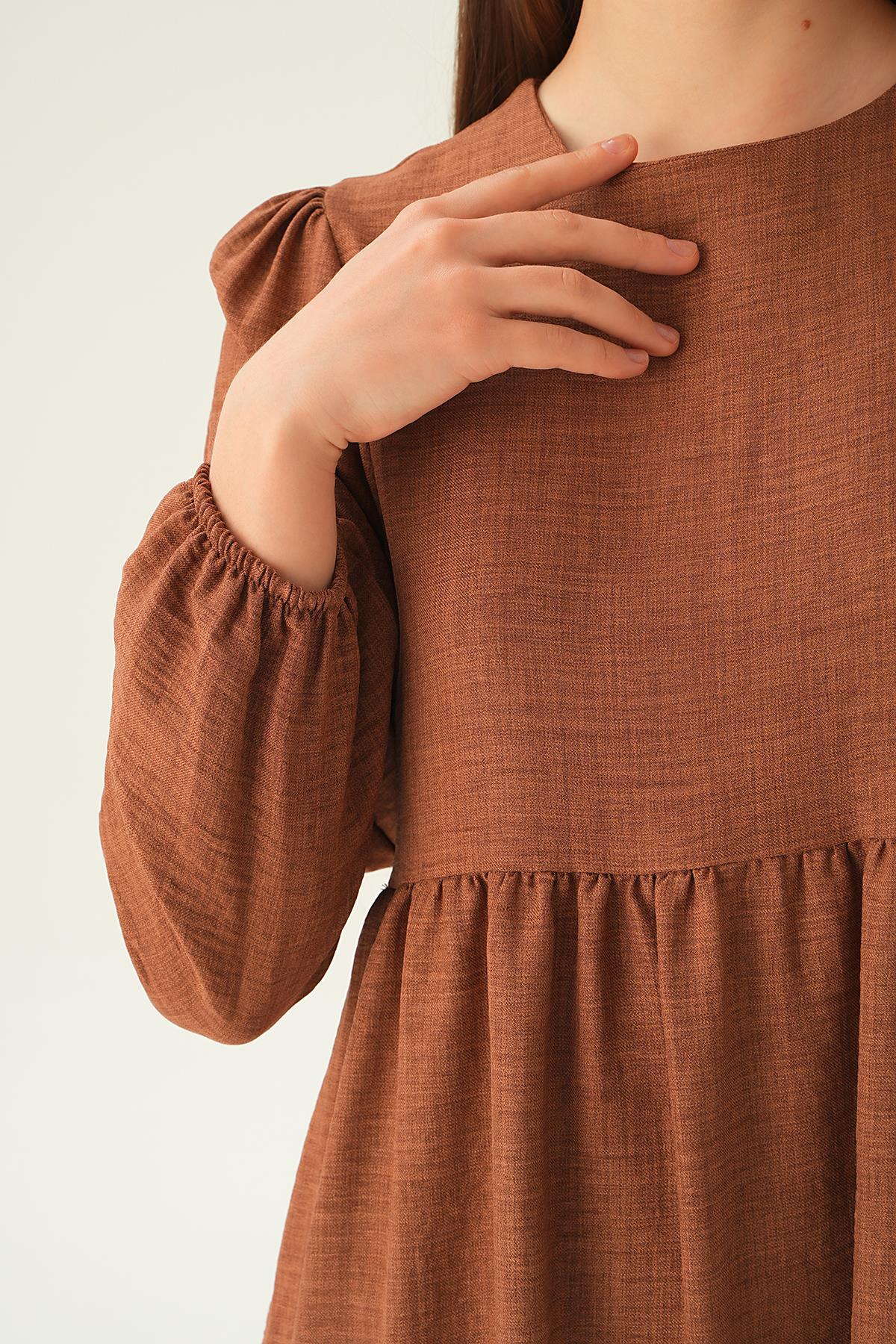 4019A Balon Kol Kat Kat Elbise Kahve - 6