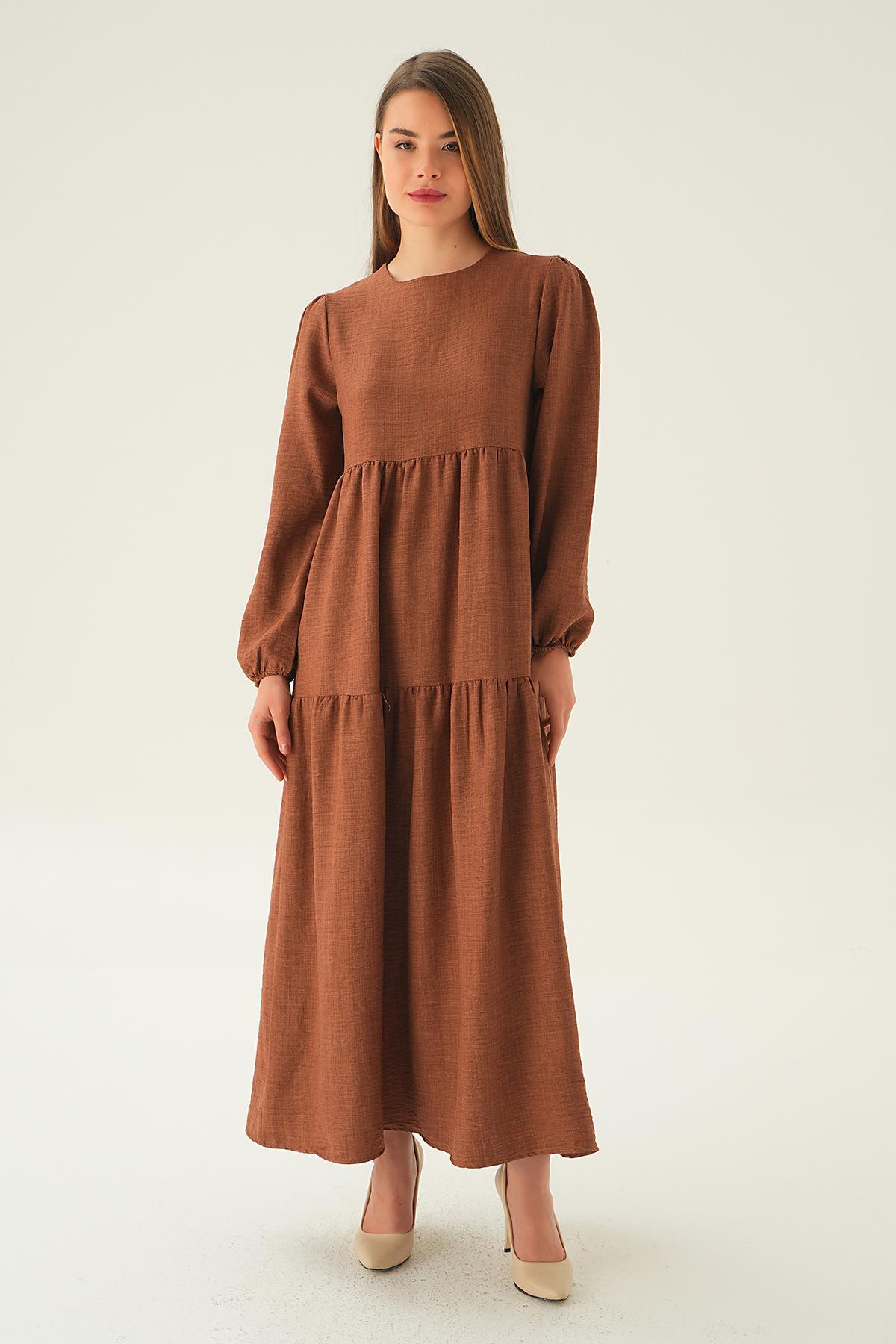 Kahve Balon Kol Kat Kat Elbise 4019A 