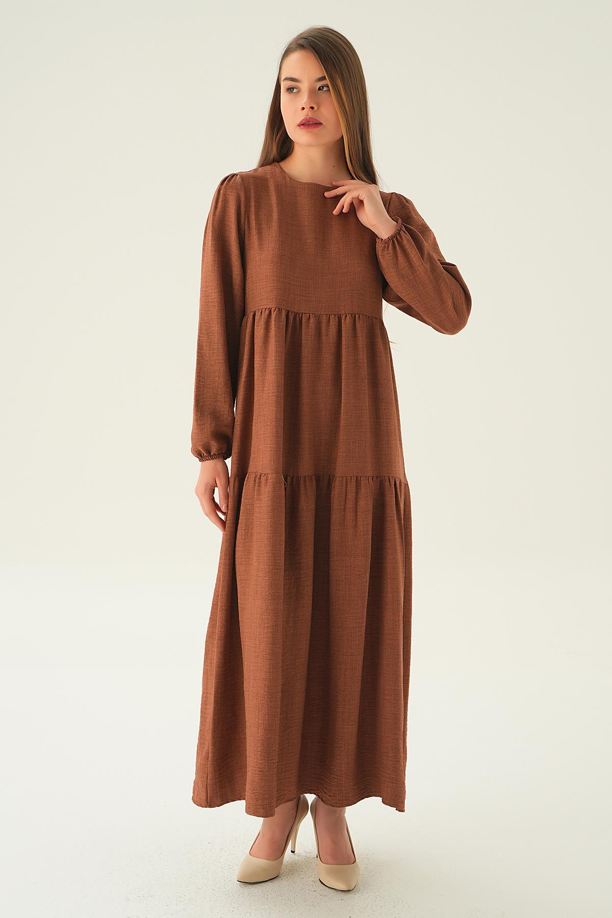 Kahve Balon Kol Kat Kat Elbise 4019A - 2