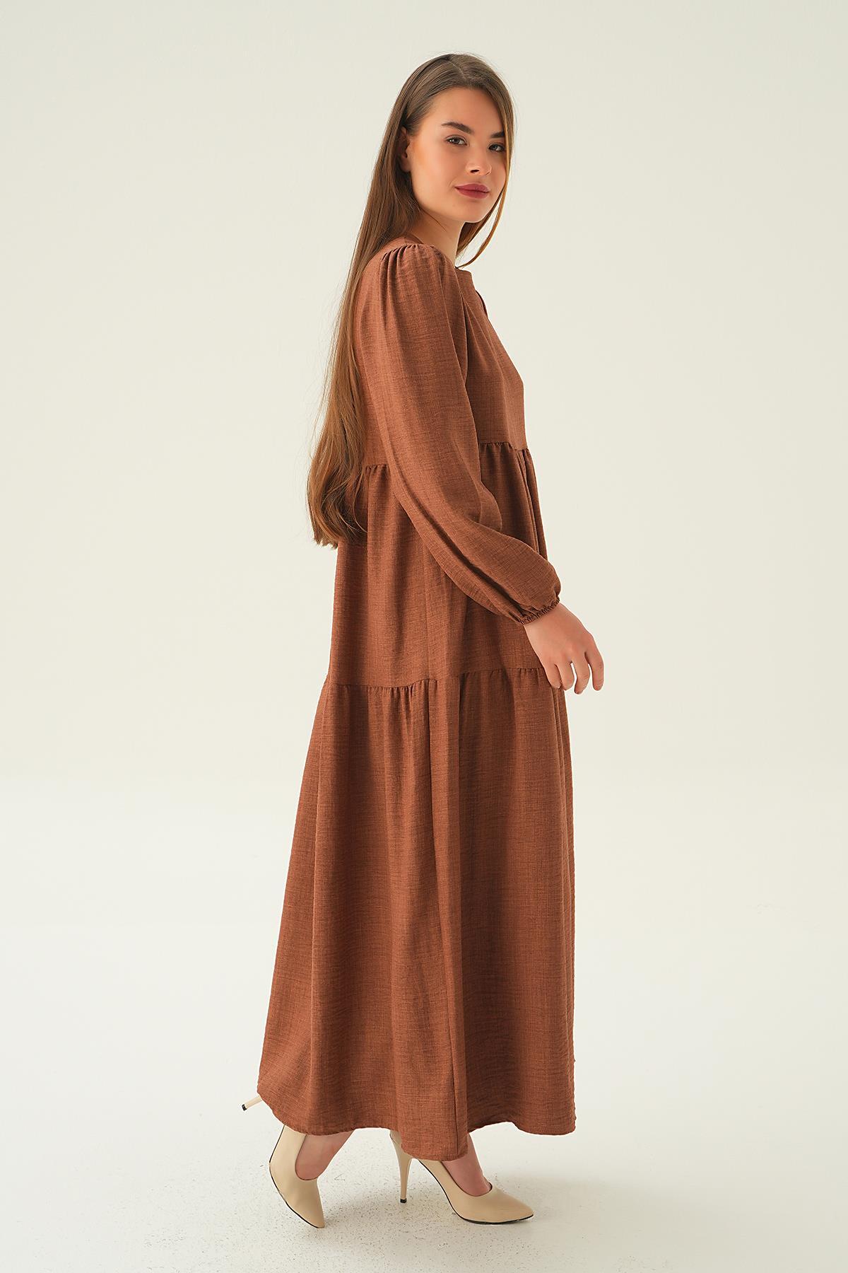 Kahve Balon Kol Kat Kat Elbise 4019A - 3