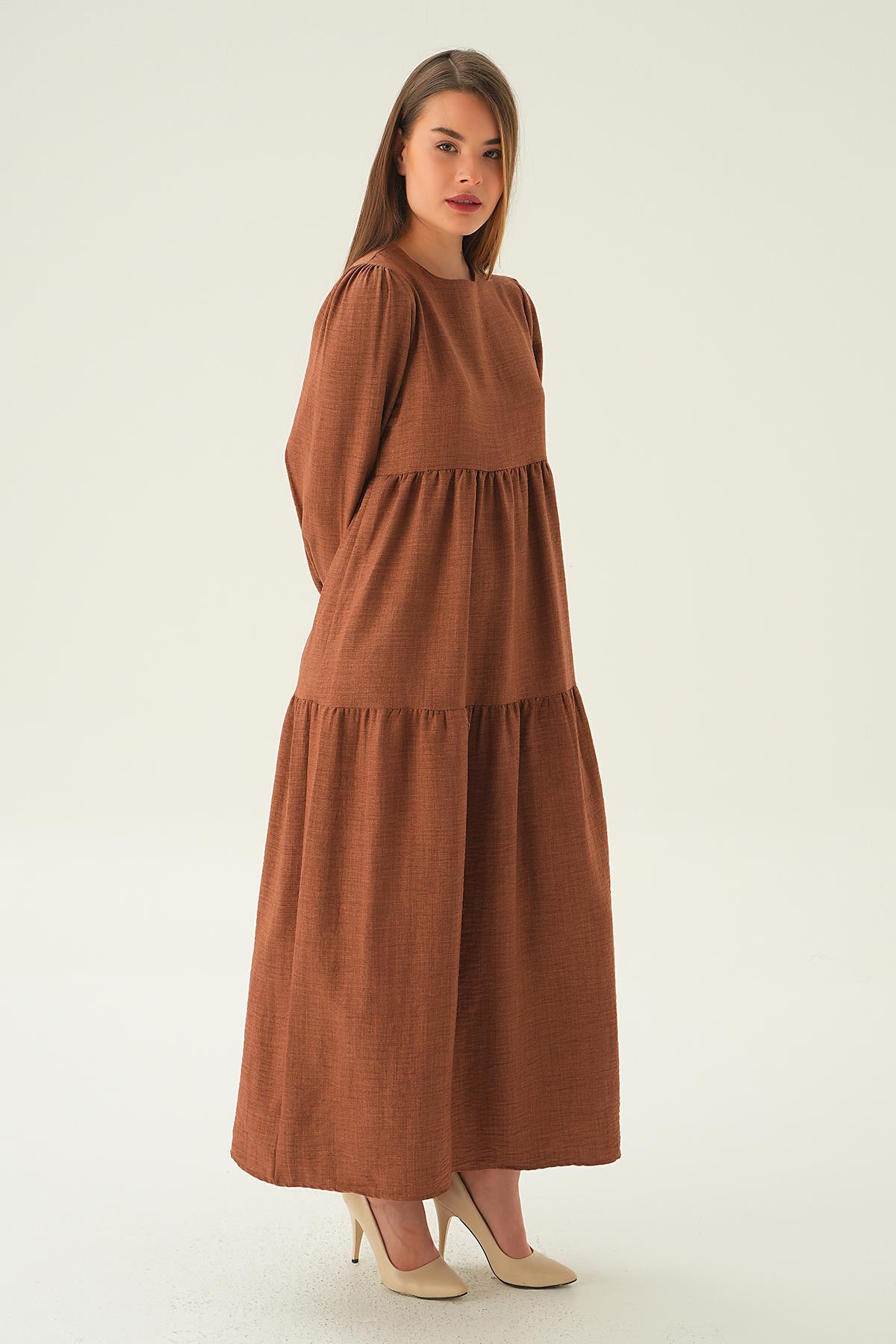 Kahve Balon Kol Kat Kat Elbise 4019A - 4