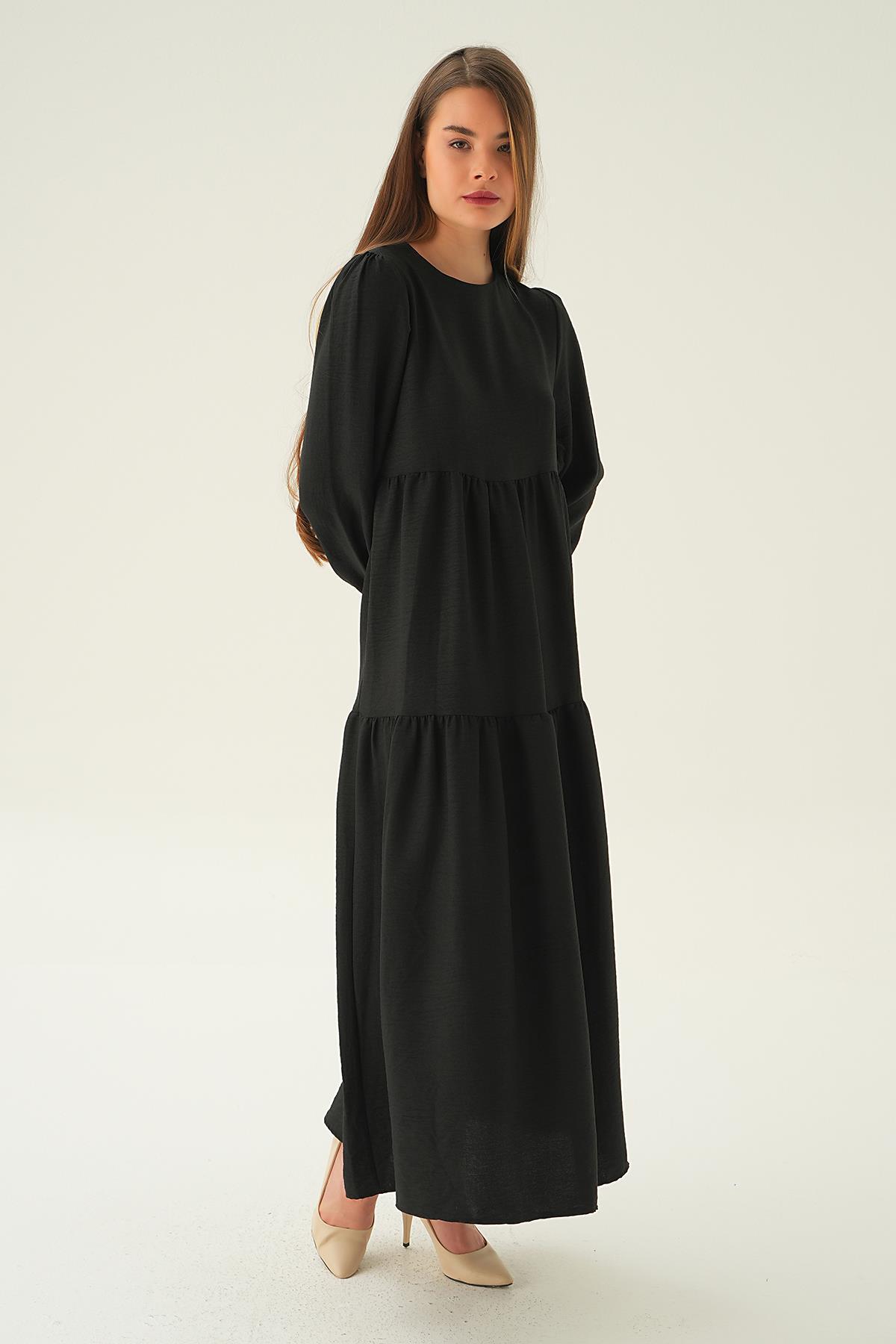 4019A Balon Kol Kat Kat Elbise Siyah - 3