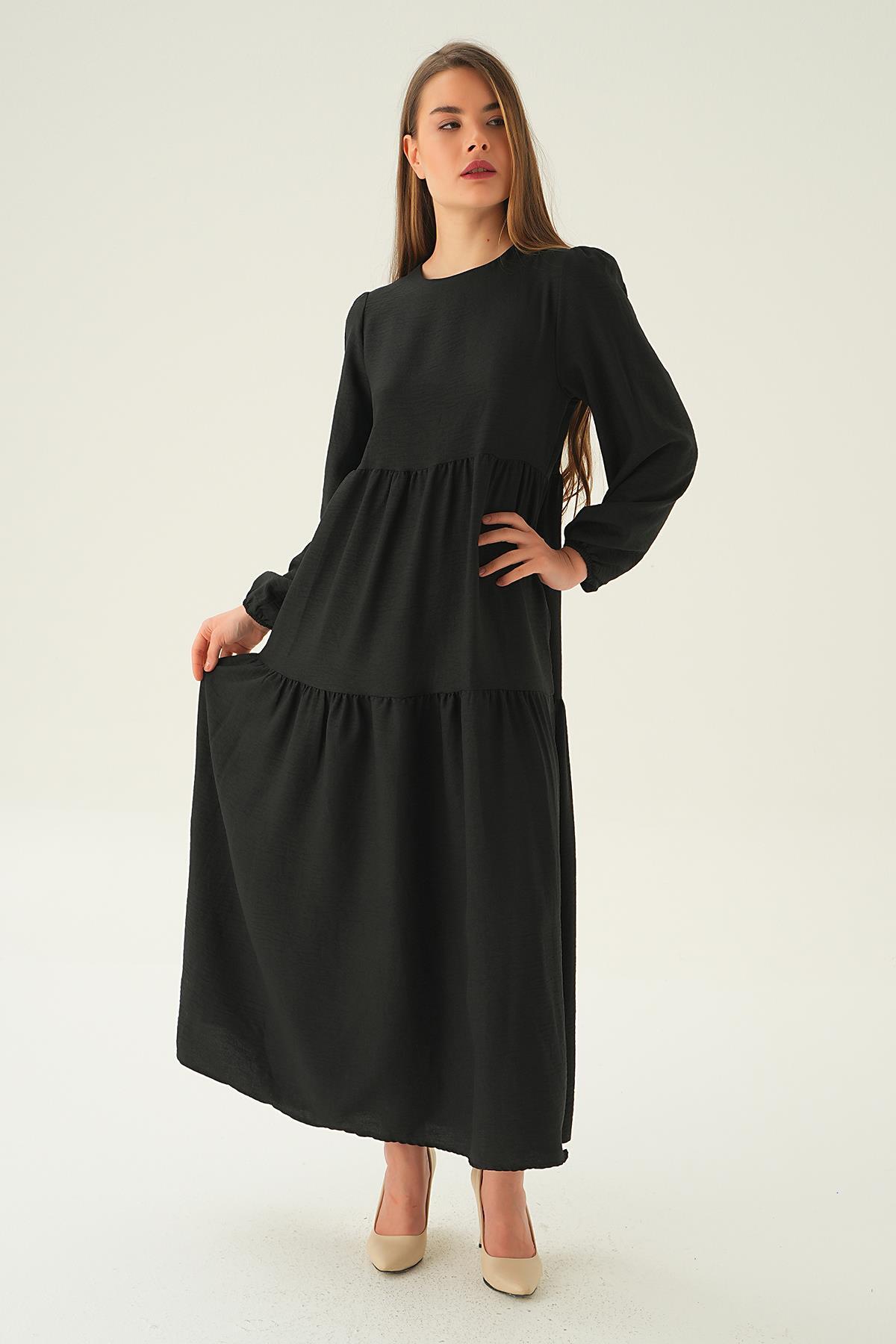 4019A Balon Kol Kat Kat Elbise Siyah - 2