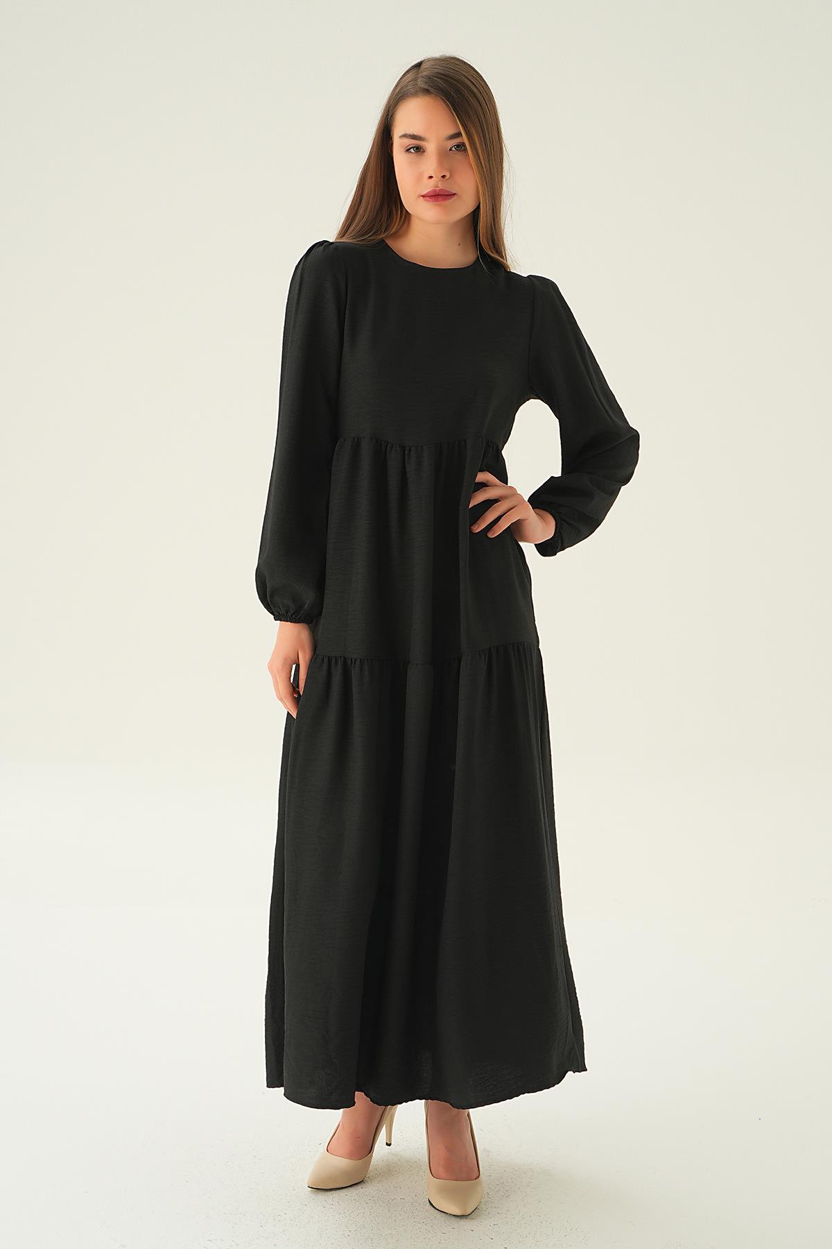 Siyah Balon Kol Kat Kat Elbise 4019A - 1