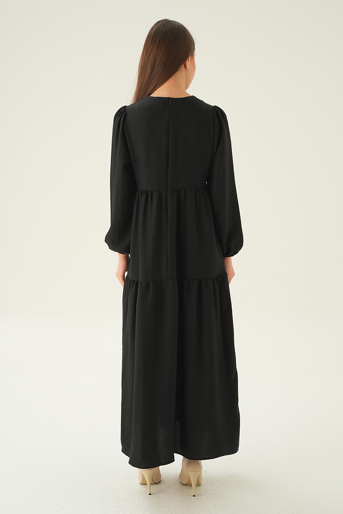 Siyah Balon Kol Kat Kat Elbise 4019A - 4