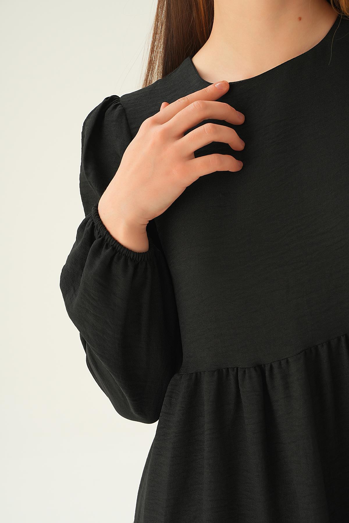 Siyah Balon Kol Kat Kat Elbise 4019A - 5