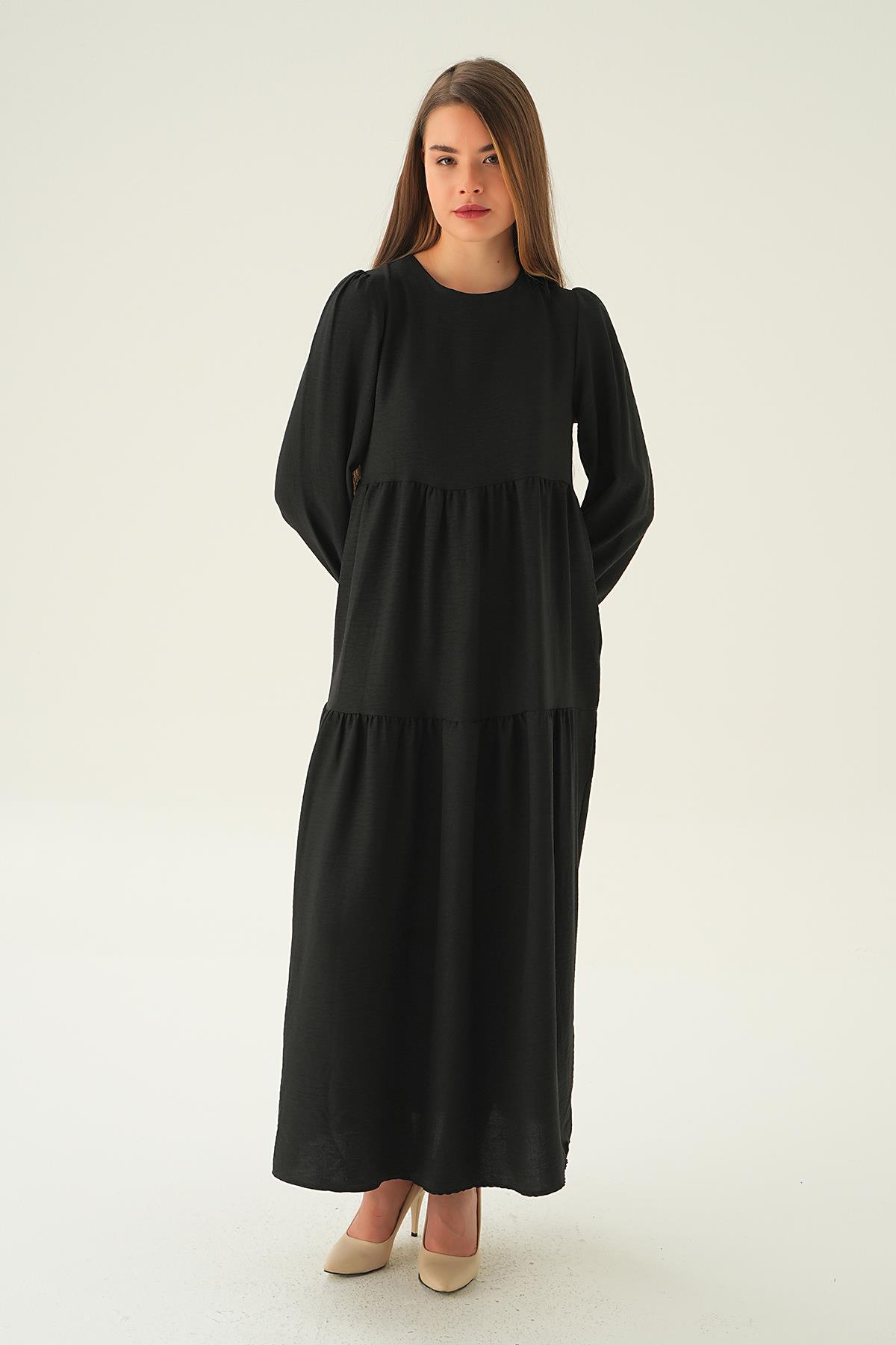 Siyah Balon Kol Kat Kat Elbise 4019A - 6