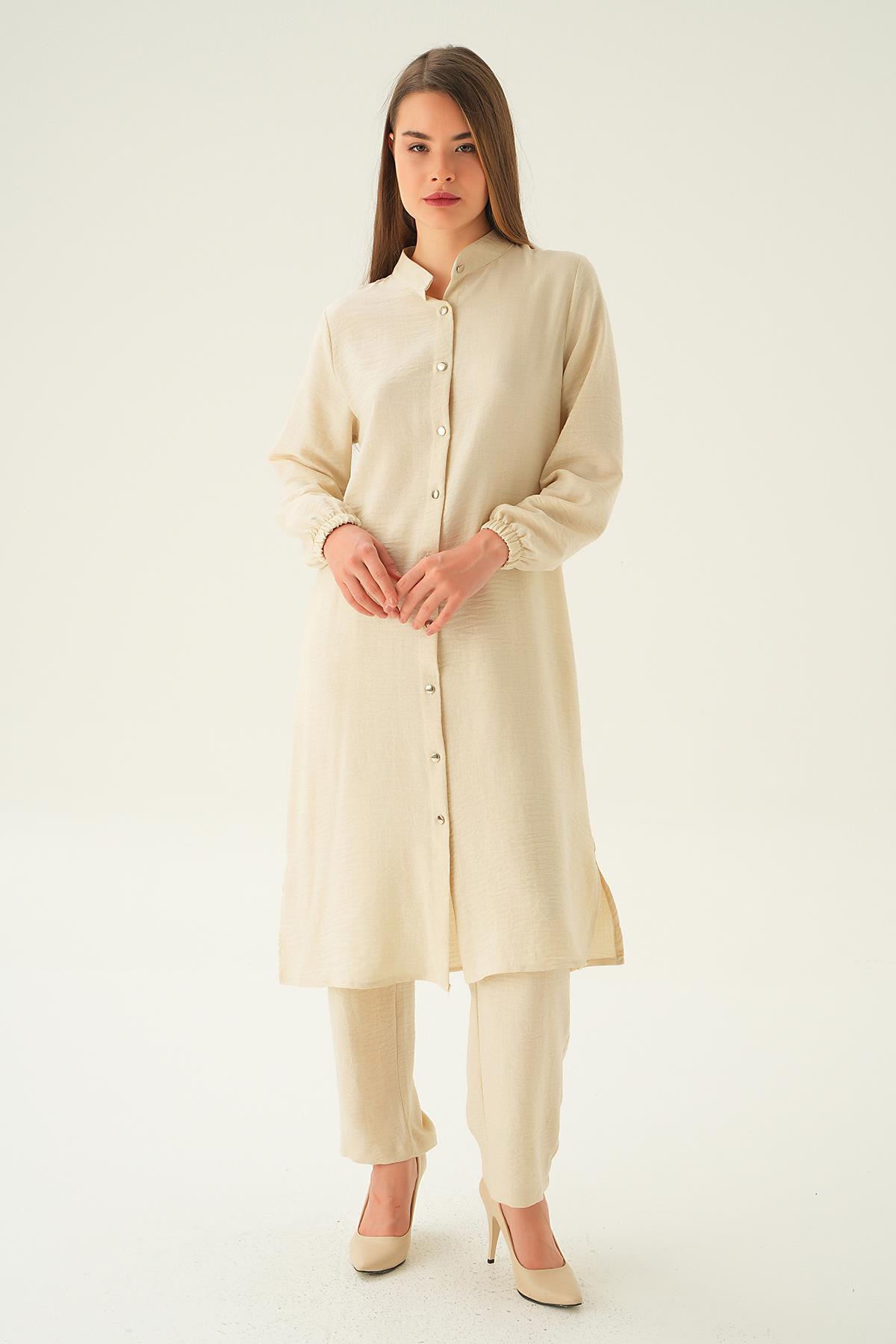 4021A Hakim Yaka Tunik Pantolon Takım Bej 