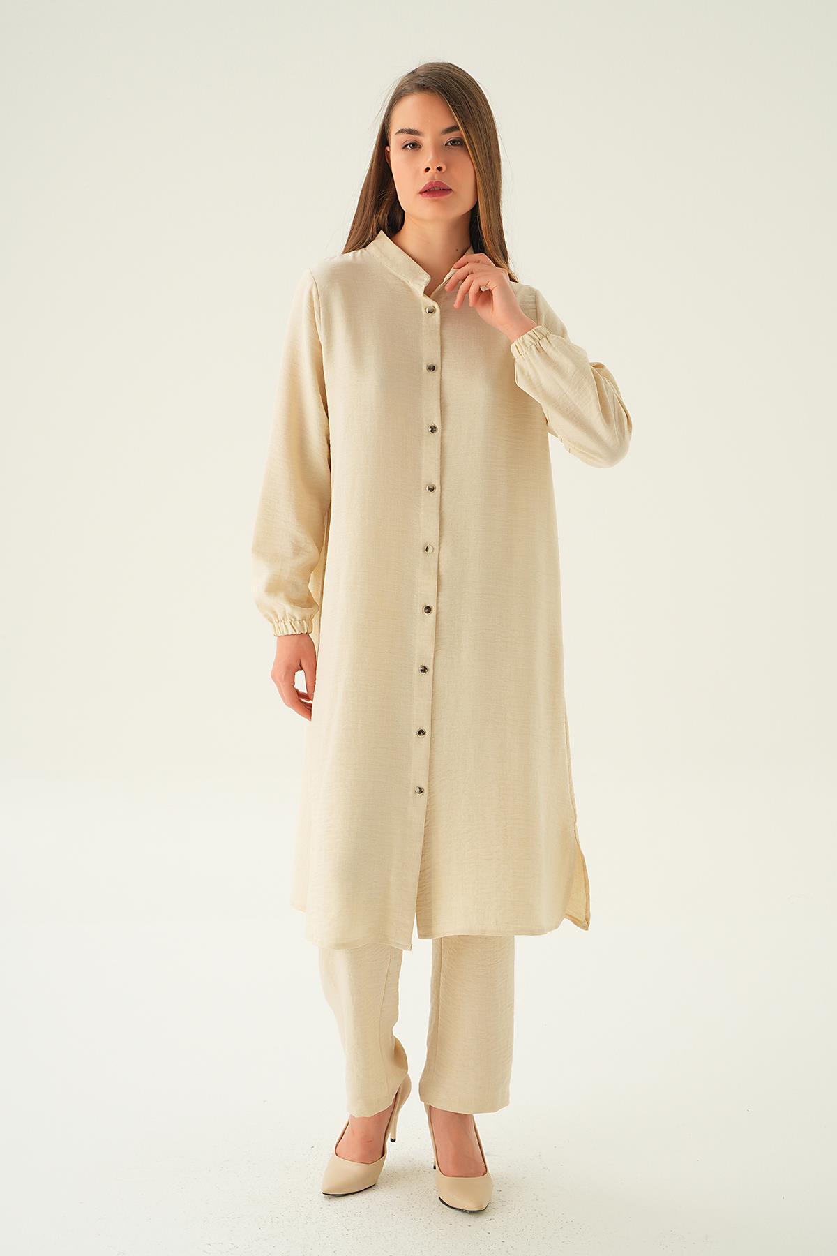 4021A Hakim Yaka Tunik Pantolon Takım Bej - 2