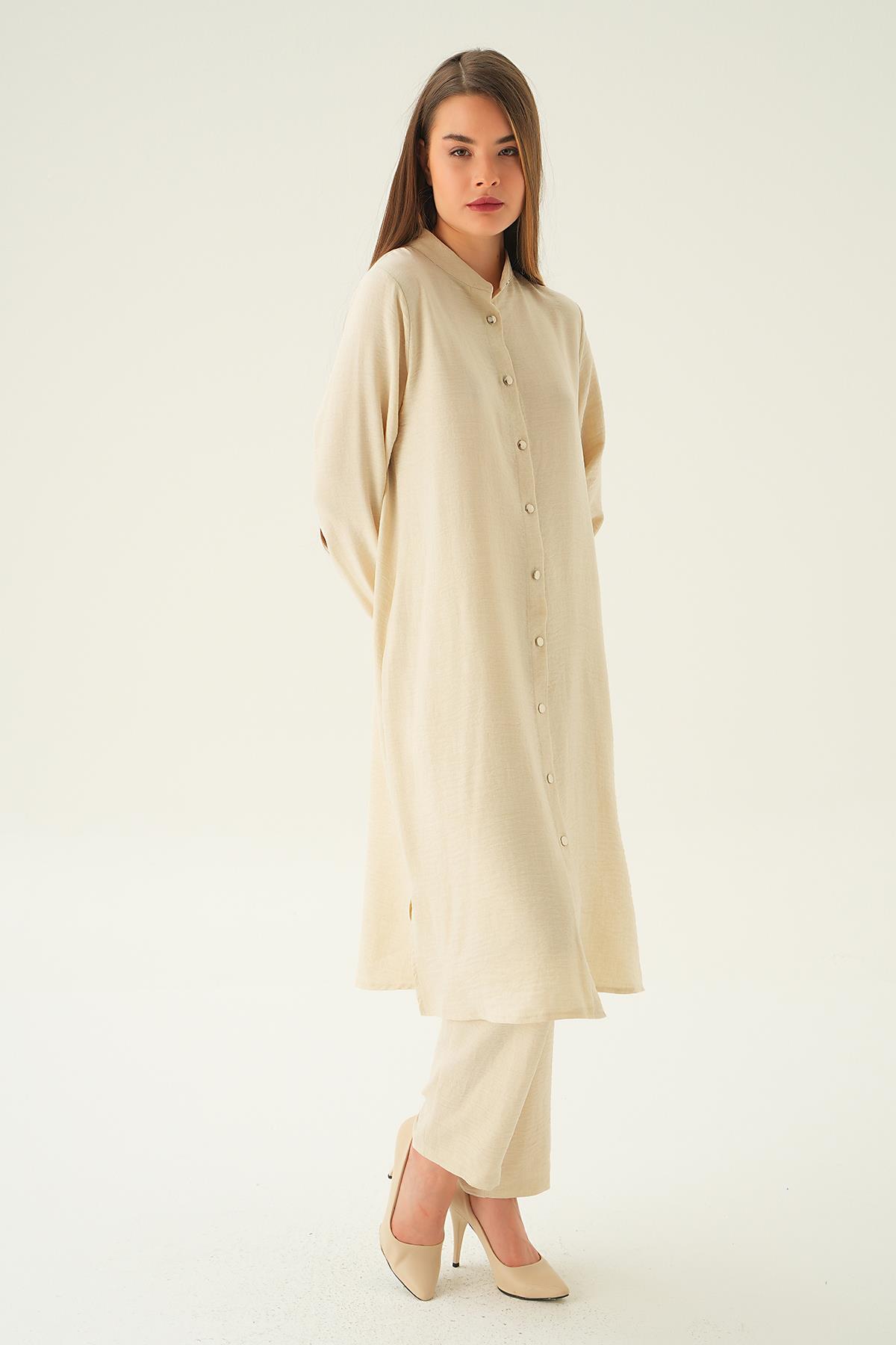 4021A Hakim Yaka Tunik Pantolon Takım Bej - 3