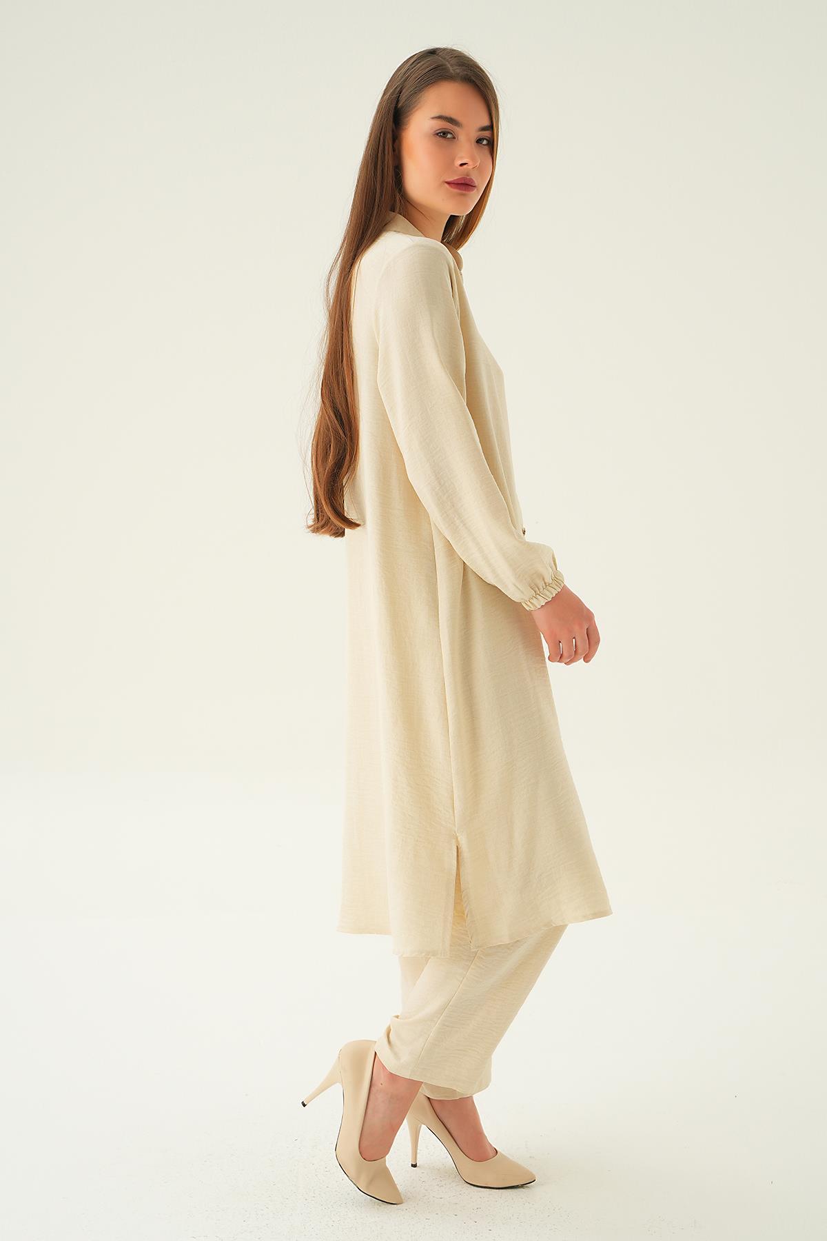 4021A Hakim Yaka Tunik Pantolon Takım Bej - 4