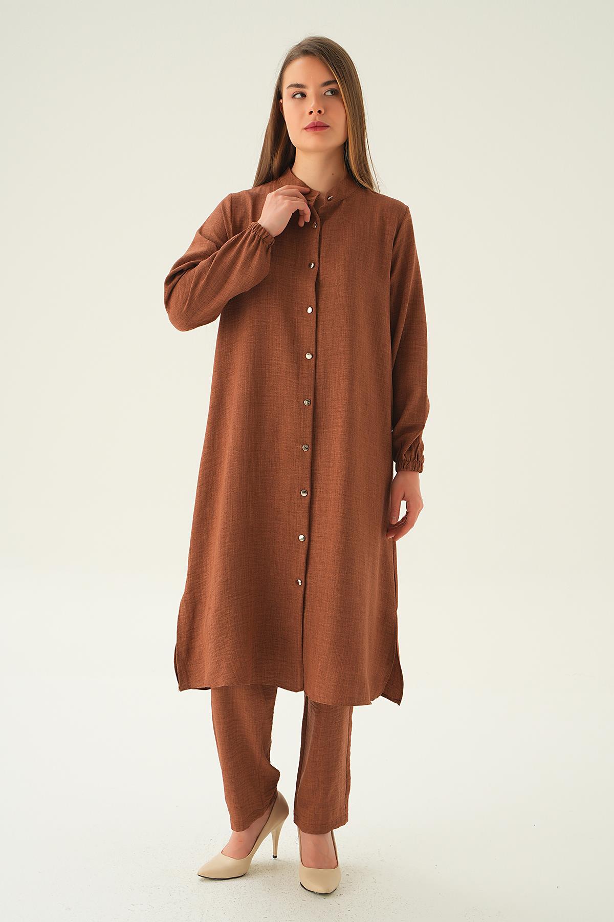 4021A Hakim Yaka Tunik Pantolon Takım Kahve - 2