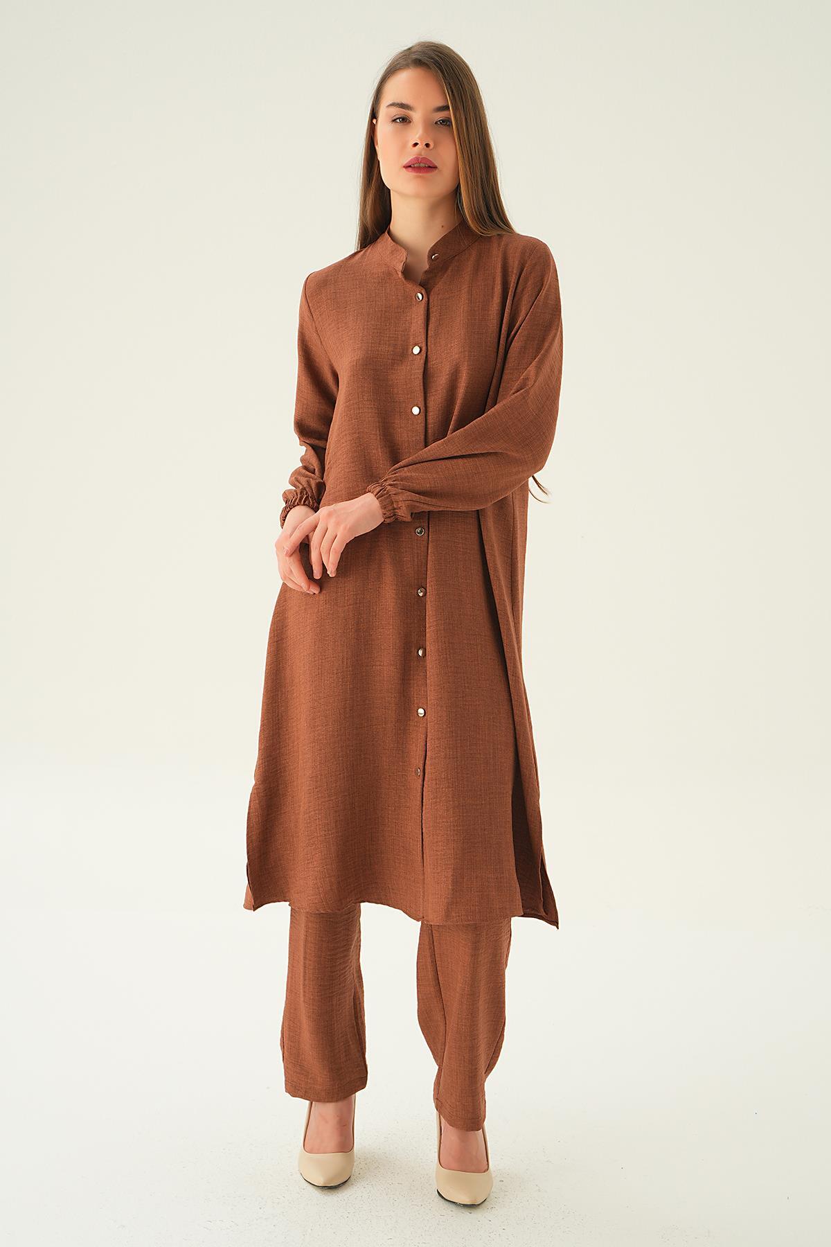 Kahve Hakim Yaka Tunik Pantolon Takım 4021A - 3