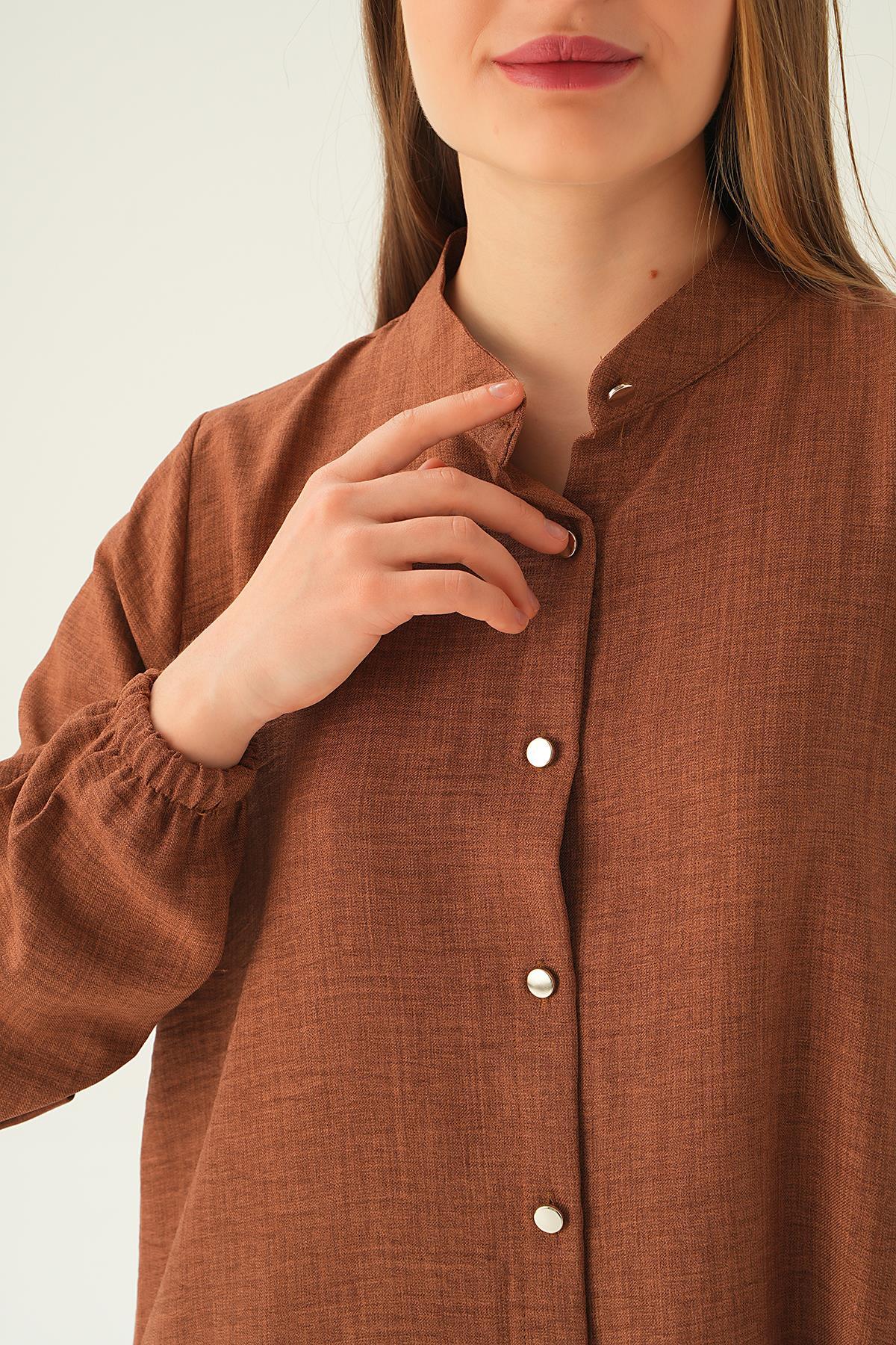 Kahve Hakim Yaka Tunik Pantolon Takım 4021A - 6