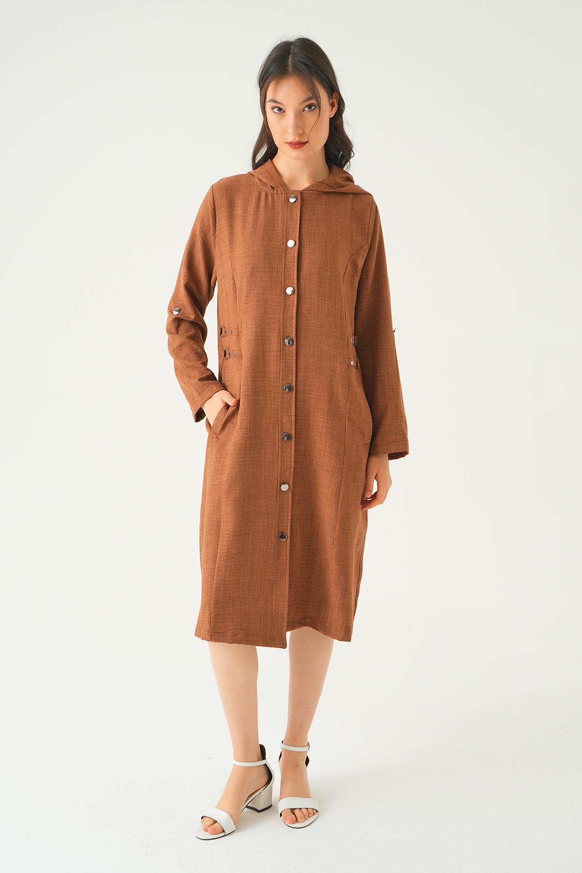 4022A Zımba Detay Kapüşonlu Kap Kahve 