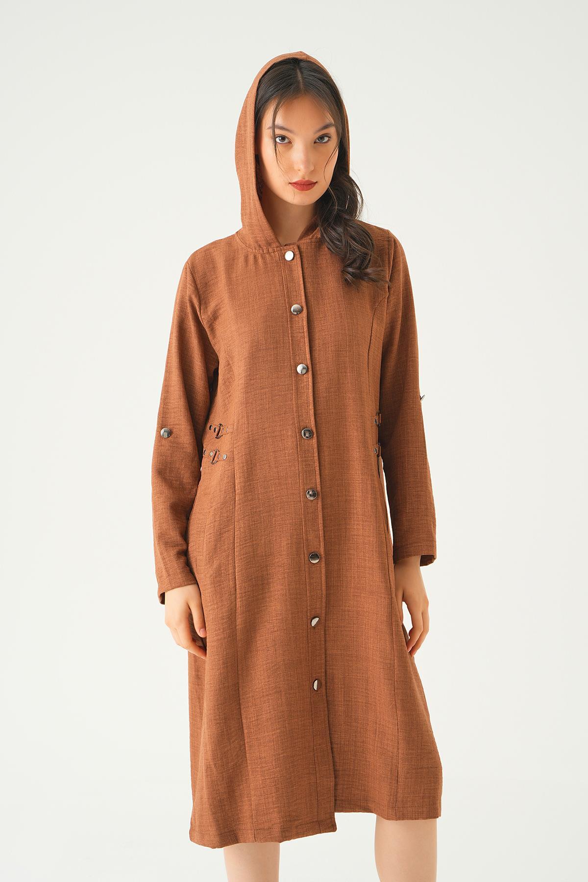 4022A Zımba Detay Kapüşonlu Kap Kahve - 4