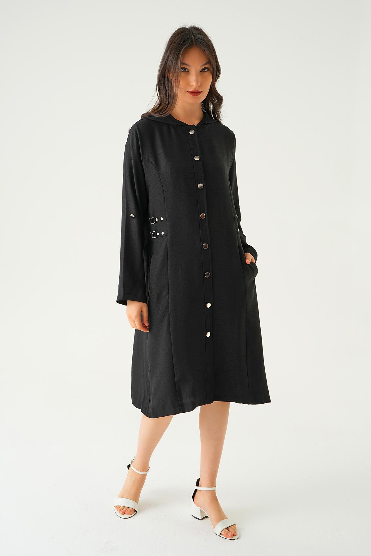 4022A Zımba Detay Kapüşonlu Kap Siyah 